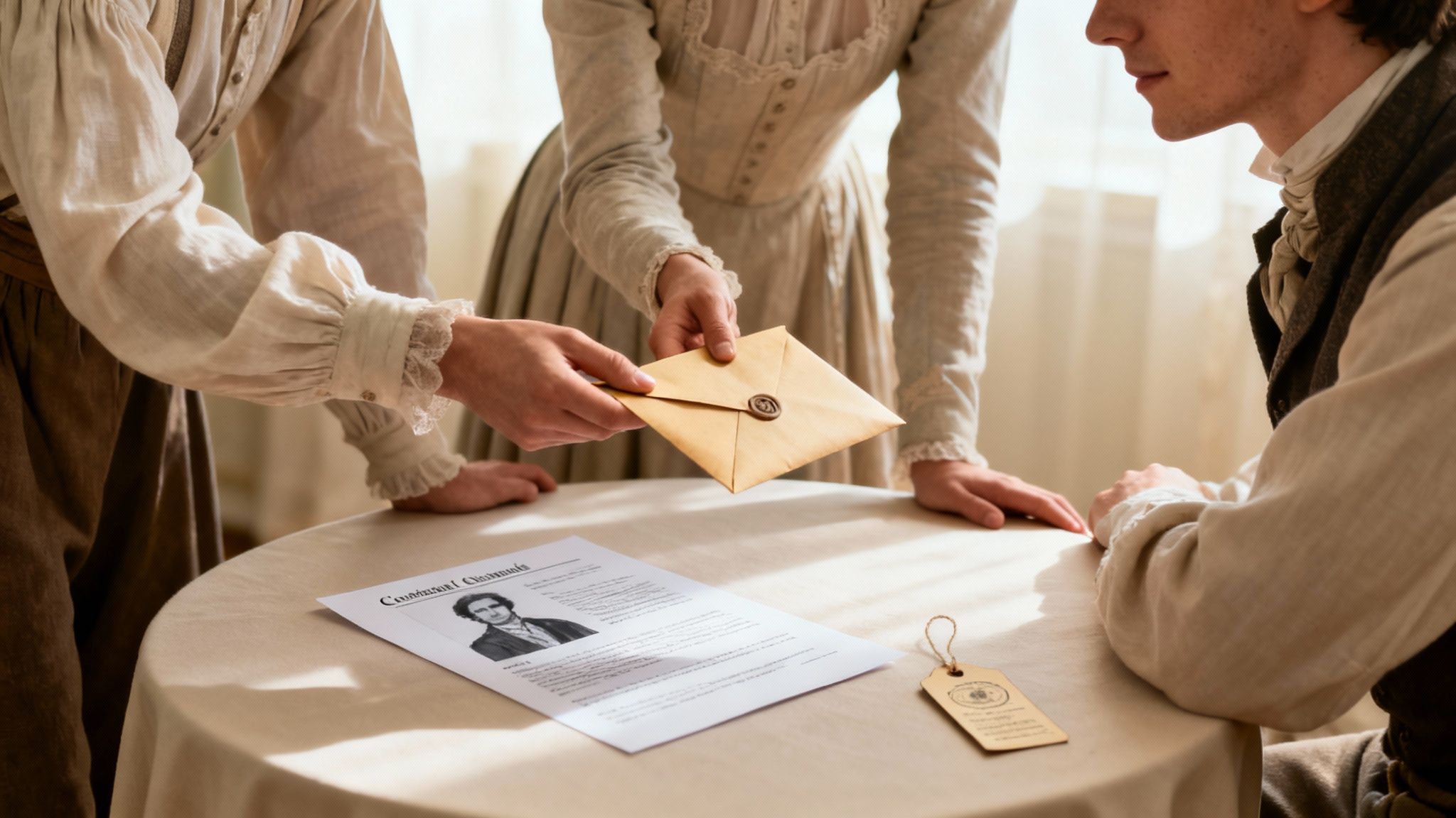 Two women in historical attire pass a sealed letter to a man at a table with documents.