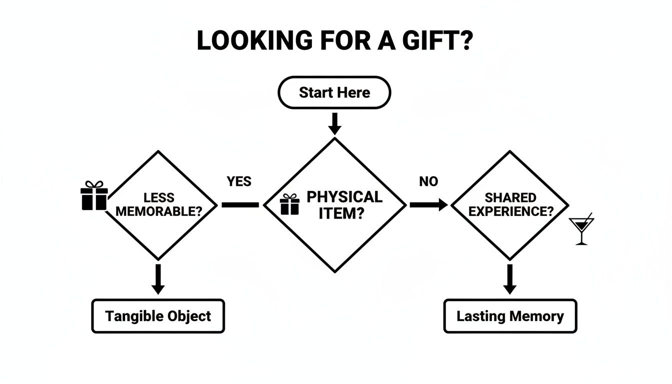A gift-giving flowchart helps decide between physical items and shared experiences for lasting memories.