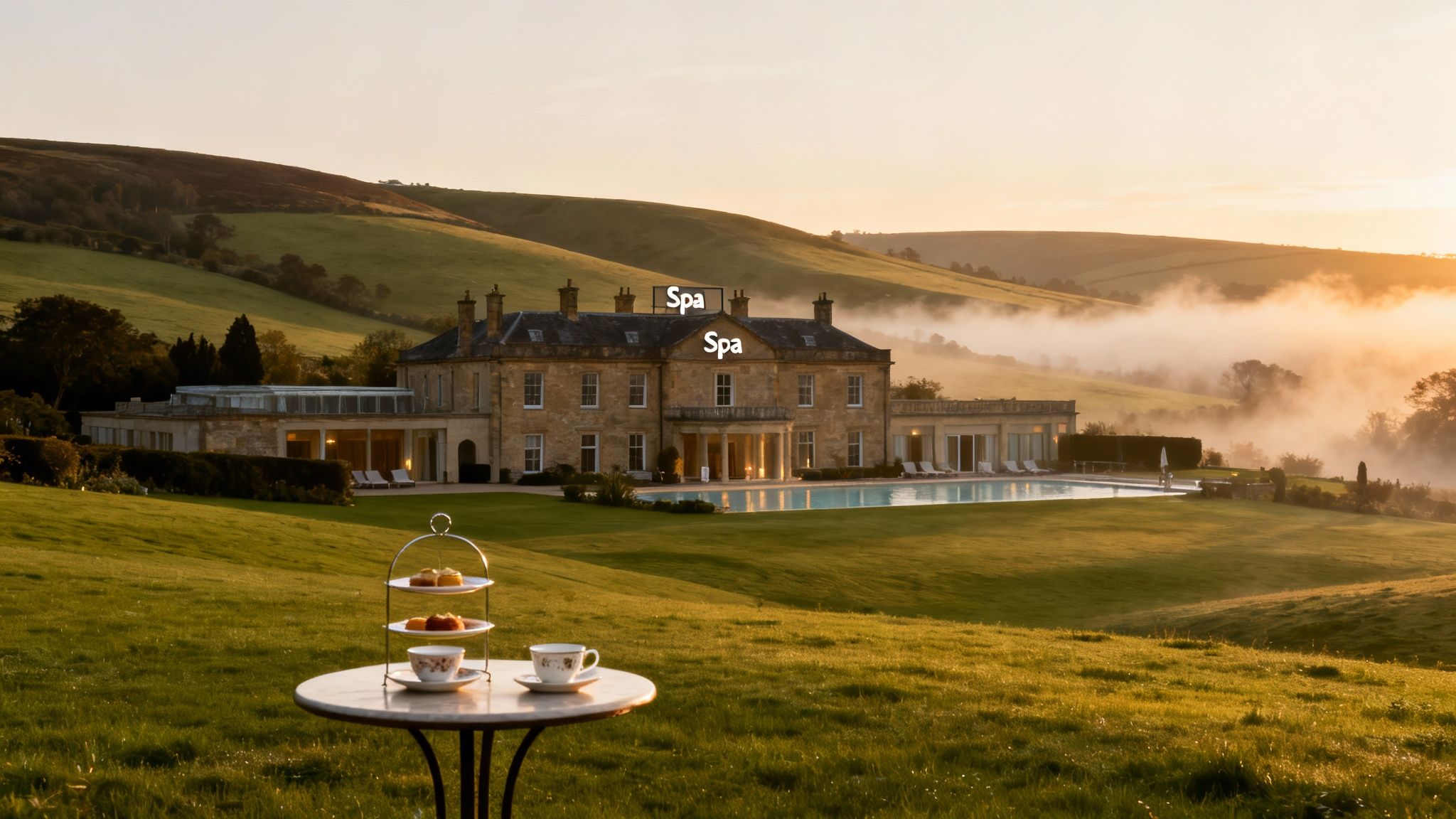 Stunning spa hotel with a swimming pool and afternoon tea overlooking misty hills at sunset.