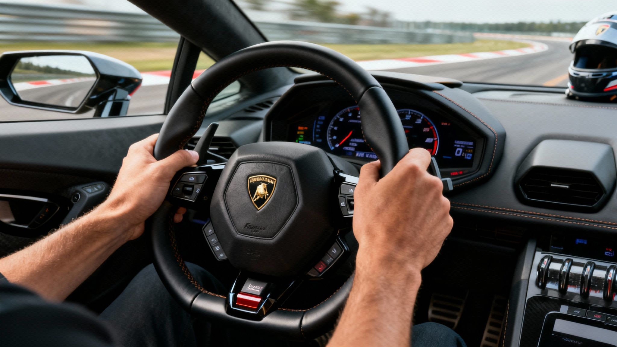 Hands on a Lamborghini steering wheel, driving on a race track with a helmet visible.