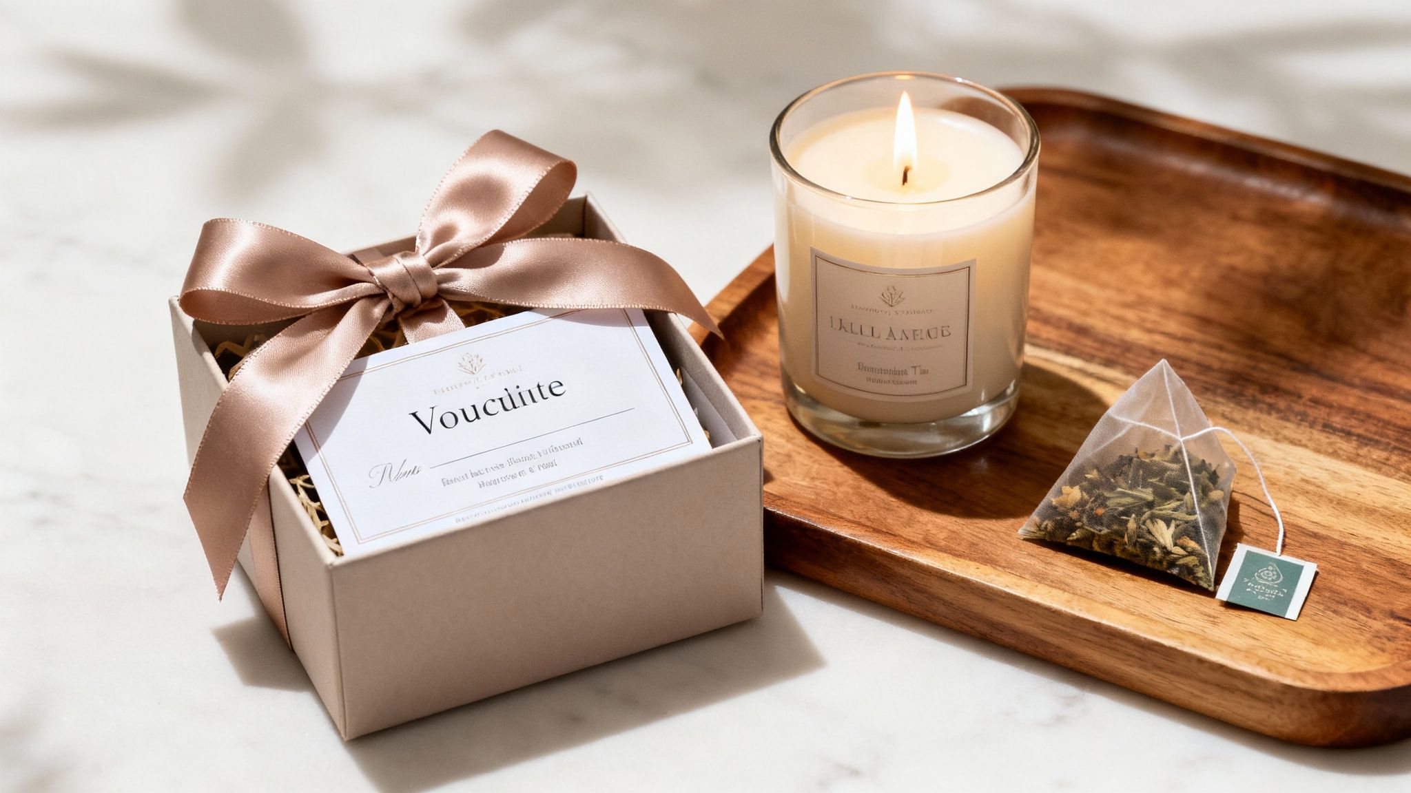 A spa day gift set with a ribboned box, lit candle, and pyramid tea bag on a wooden tray.