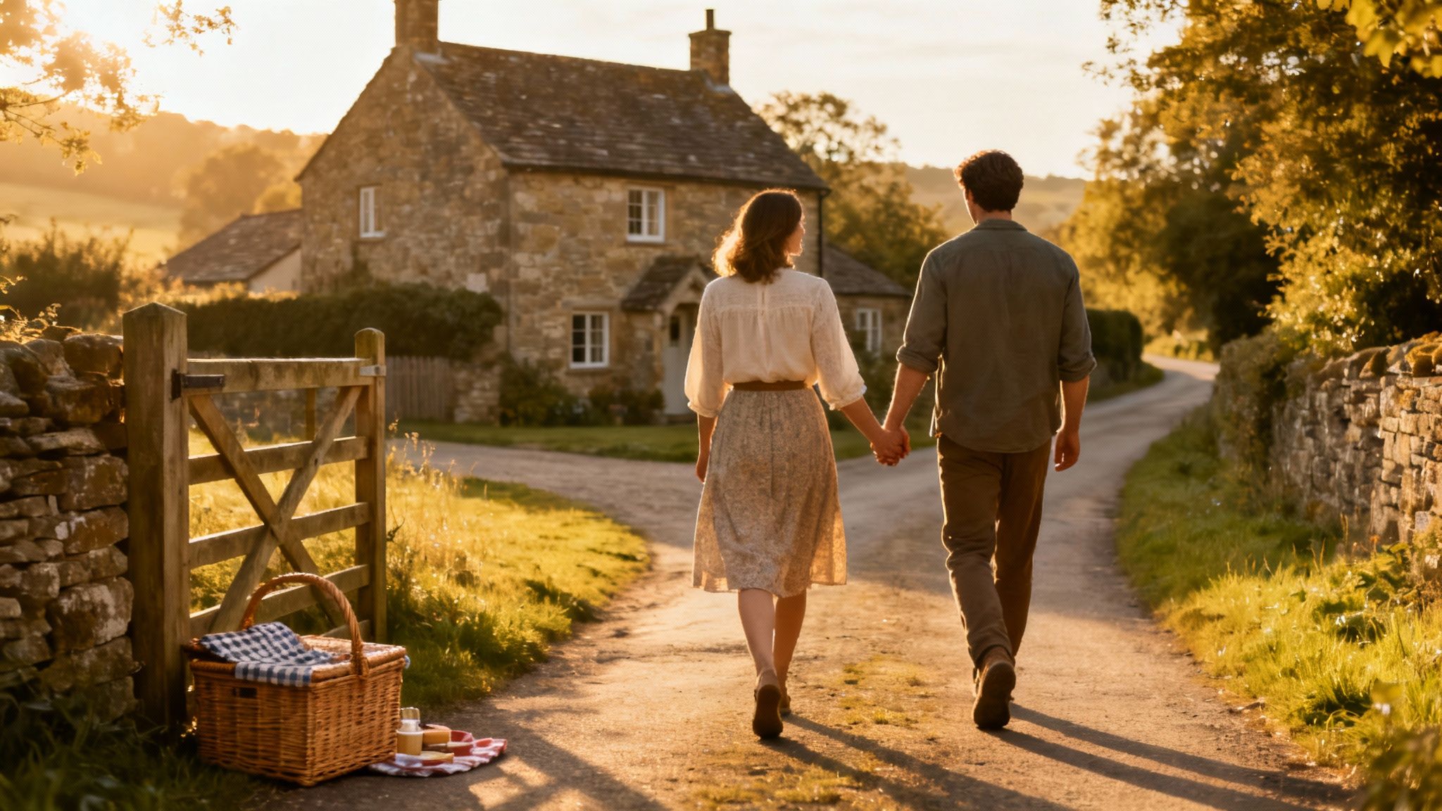 A couple holding hands walks down a sunny country lane towards a rustic stone cottage, with a picnic basket nearby.