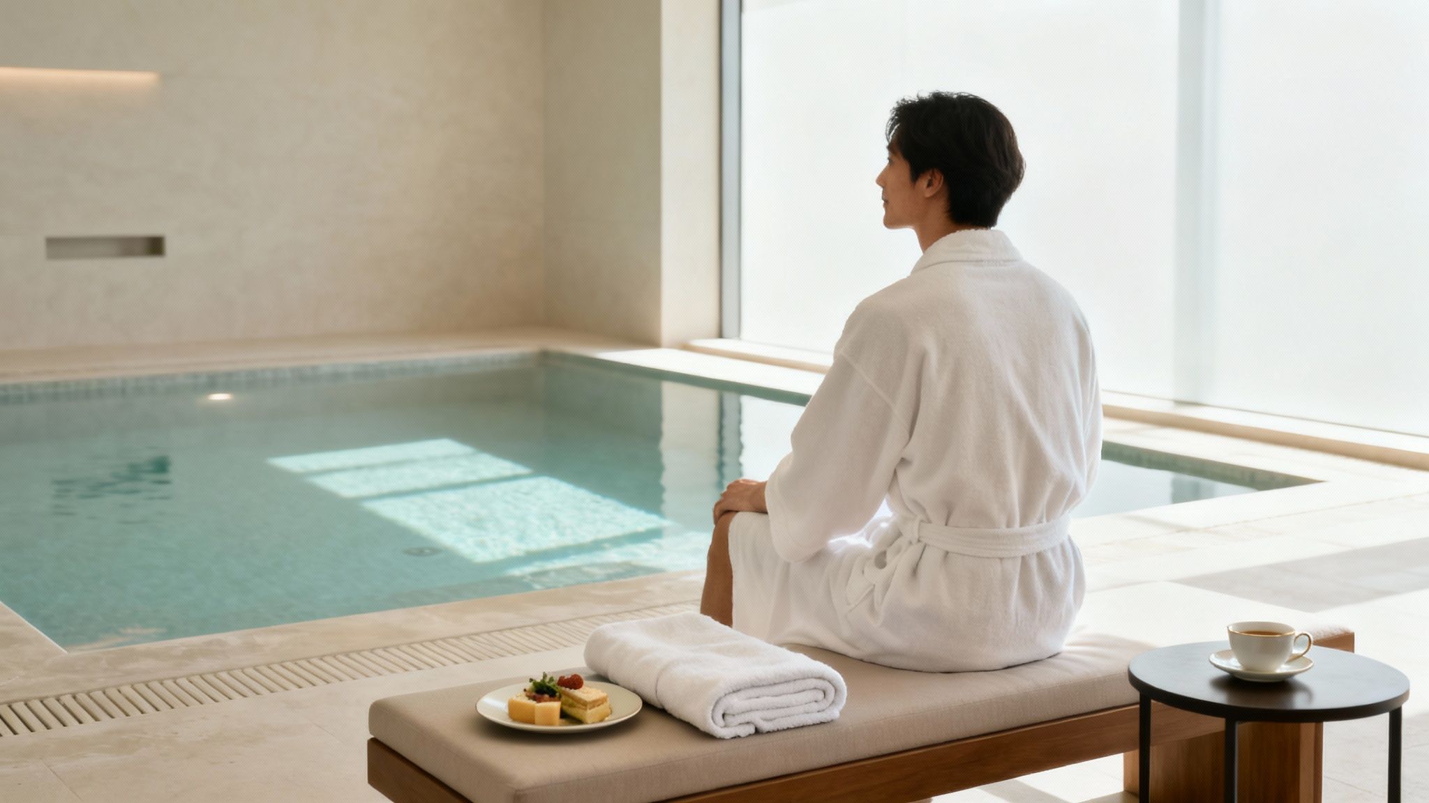 Man in white bathrobe relaxing by an indoor pool with pastries and tea at a tranquil spa.