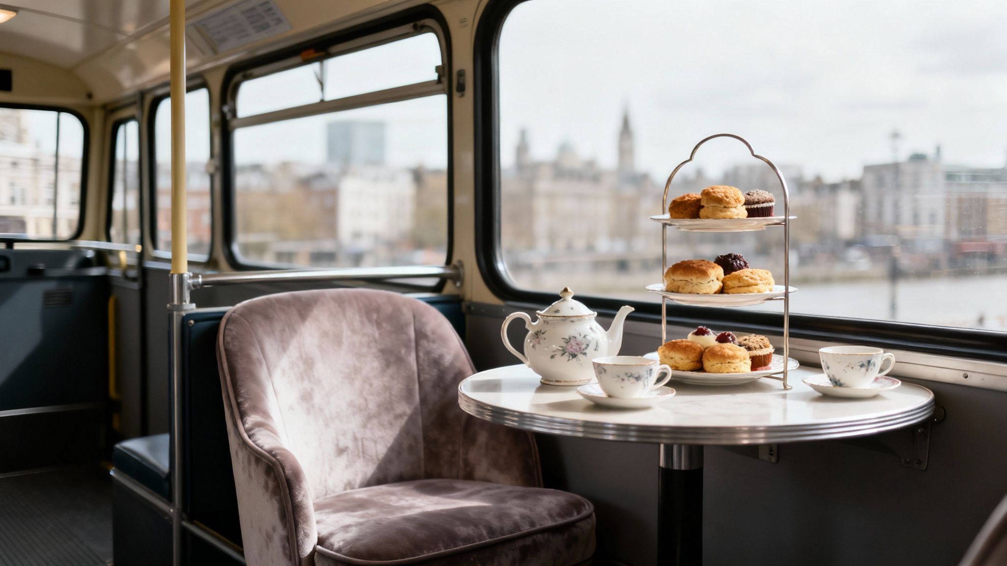 Elegant afternoon tea with scones and cakes on a vintage bus, overlooking a city skyline.