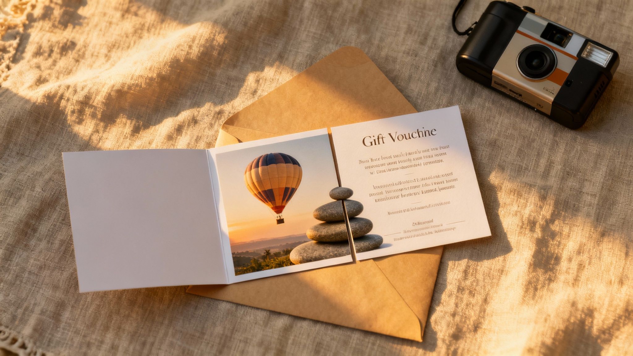 A gift voucher featuring a hot air balloon and stacked stones, on a brown envelope next to a vintage camera.