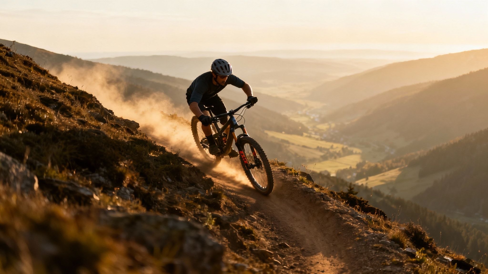 Dynamic shot of a mountain biker kicking up dust on a scenic trail at sunset.