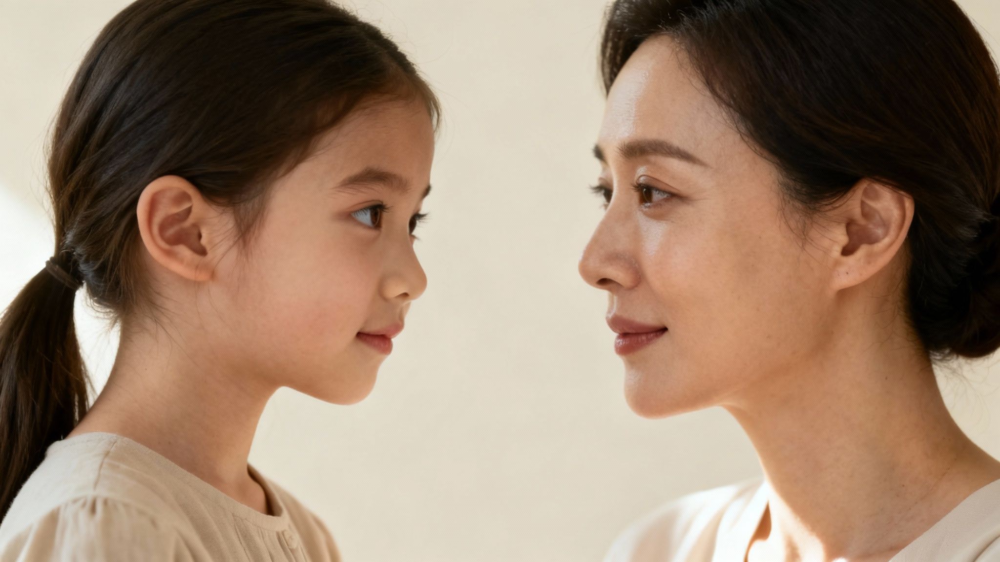 Side profile of a mother and daughter gazing into each other's eyes.