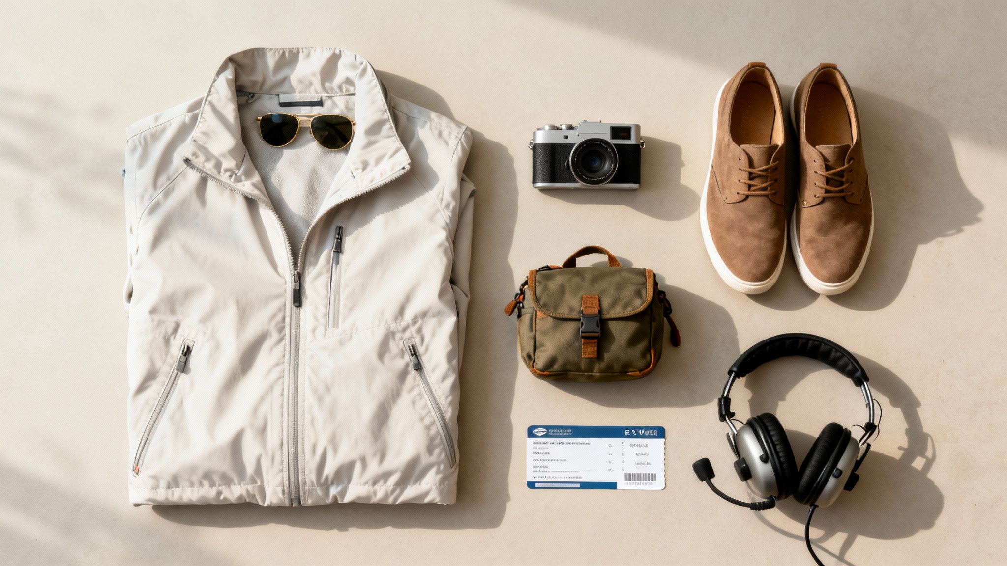 A flat lay of men's travel essentials including a light jacket, sunglasses, camera, bag, shoes, and headphones.