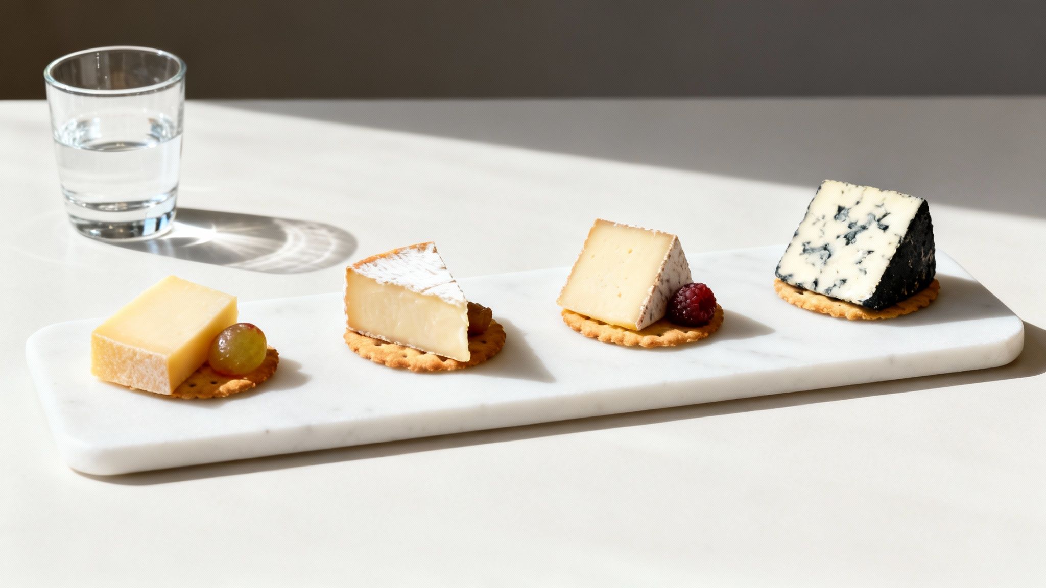 Four different cheeses on crackers with fruit on a marble board, beside a glass of water.