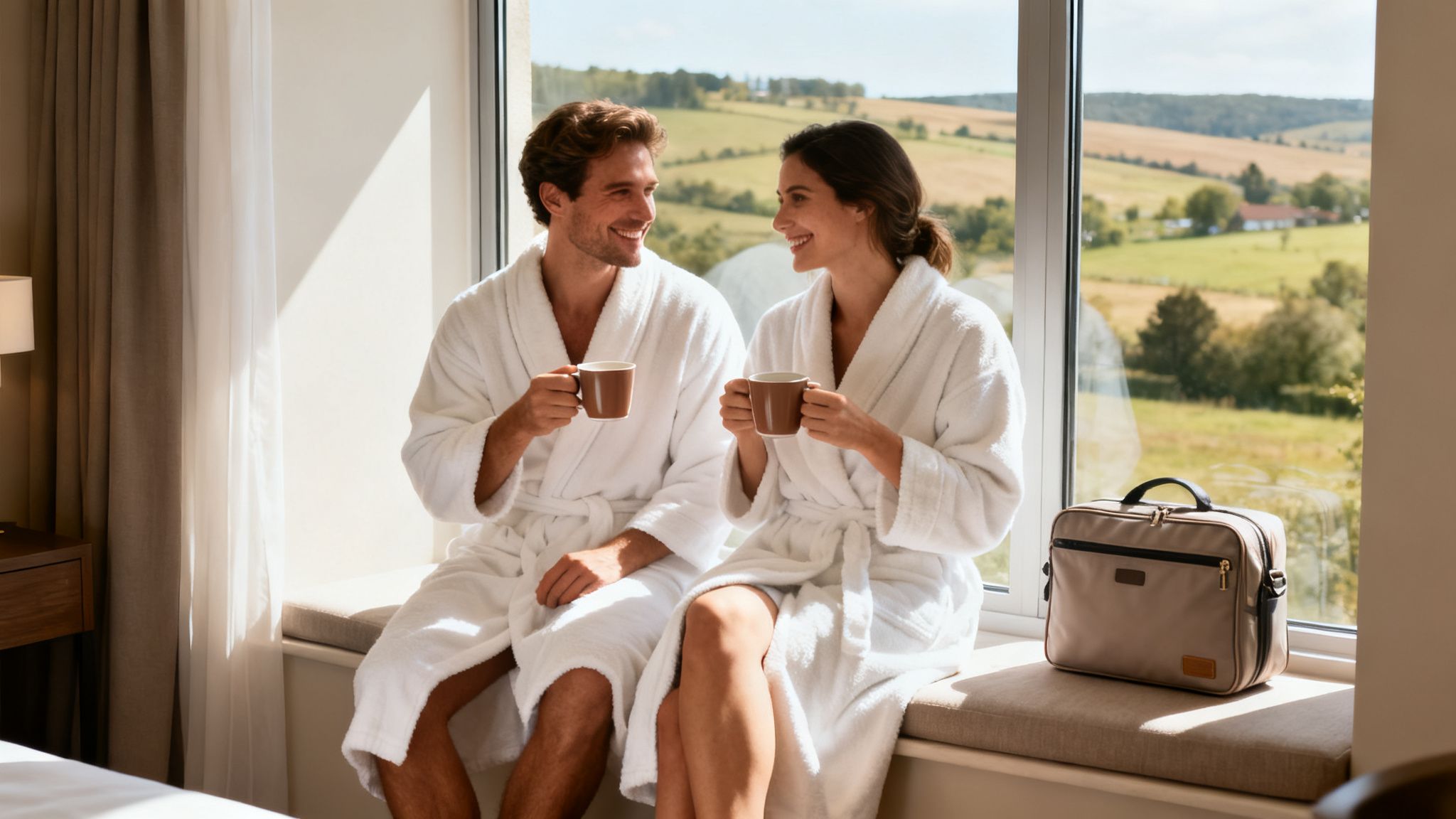 Smiling couple in white bathrobes enjoying coffee by a window with a beautiful green landscape.