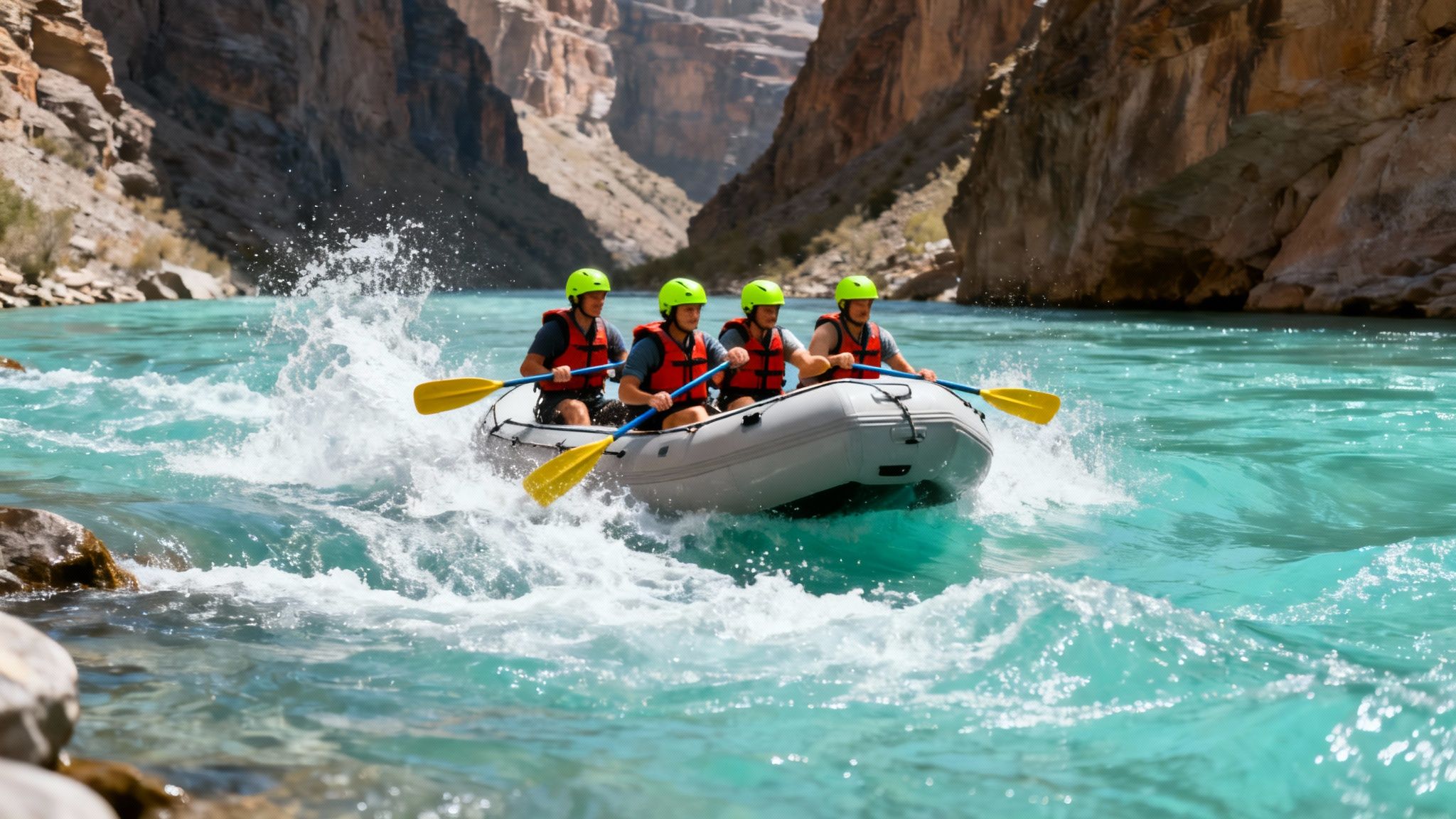 Four people in helmets and life jackets rafting through turquoise rapids in a scenic canyon.