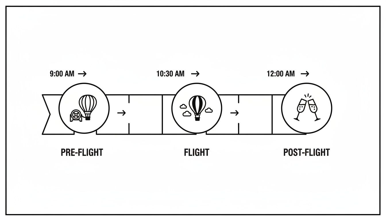 A timeline illustrating the stages of a hot air balloon ride: pre-flight, flight, and post-flight celebration.