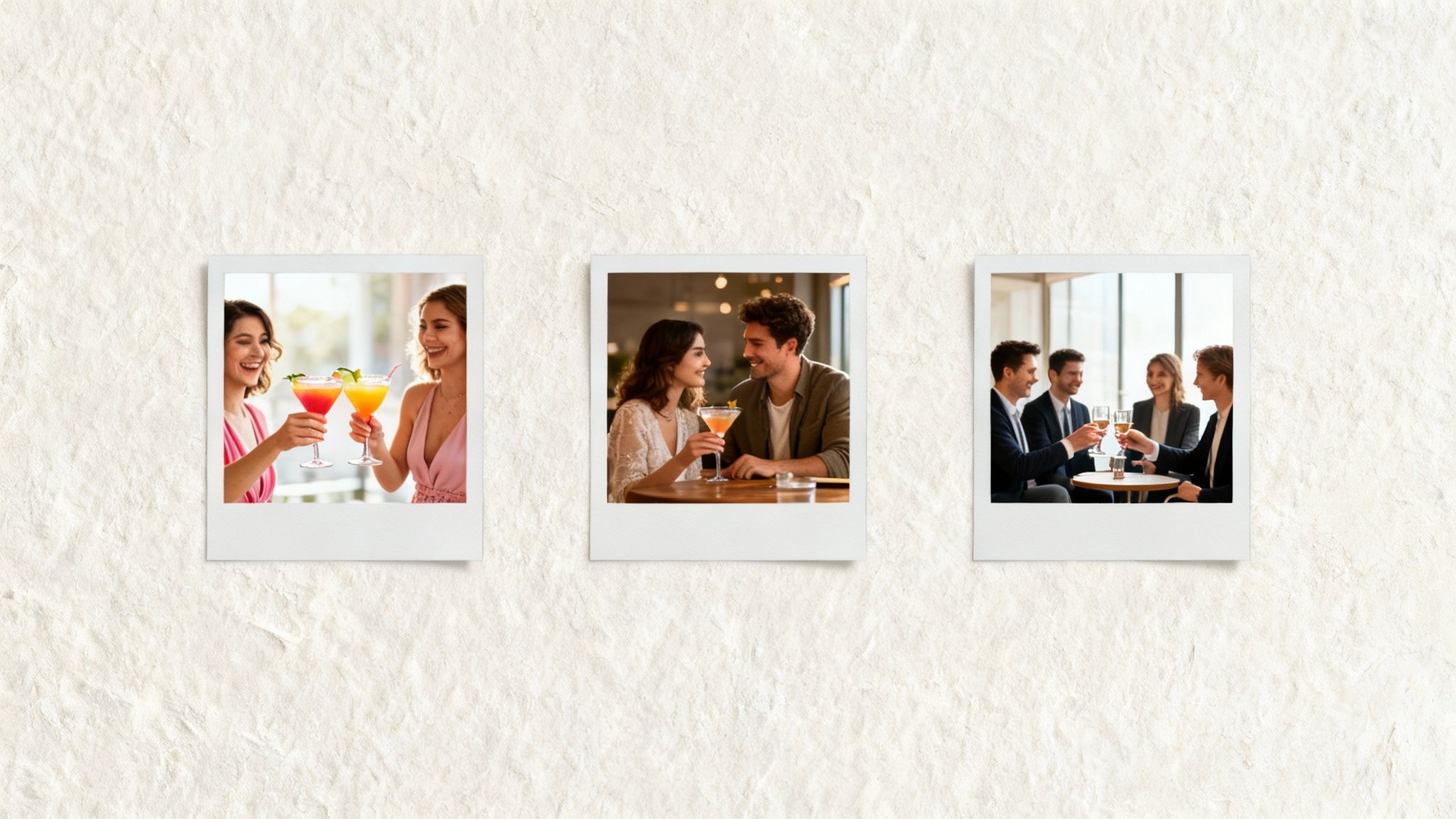 Three polaroid-style photos showing people enjoying colorful cocktails and drinks in social settings.