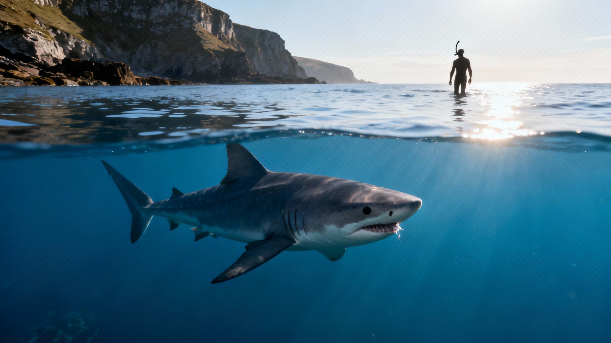 A large basking shark swimming near the surface of the water, its fin visible