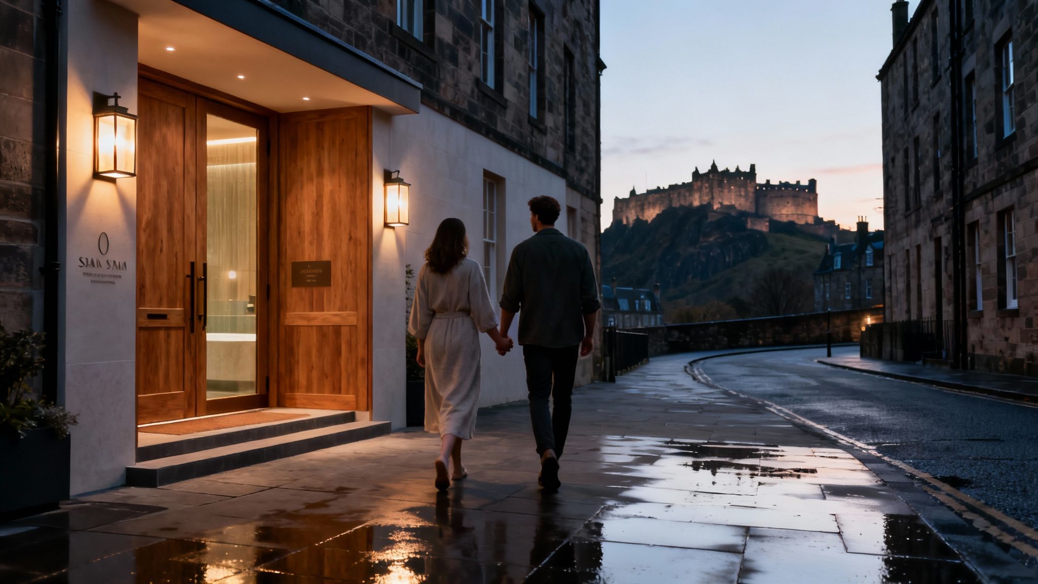 A couple holds hands walking down a wet street at dusk, with Edinburgh Castle lit up in the background.