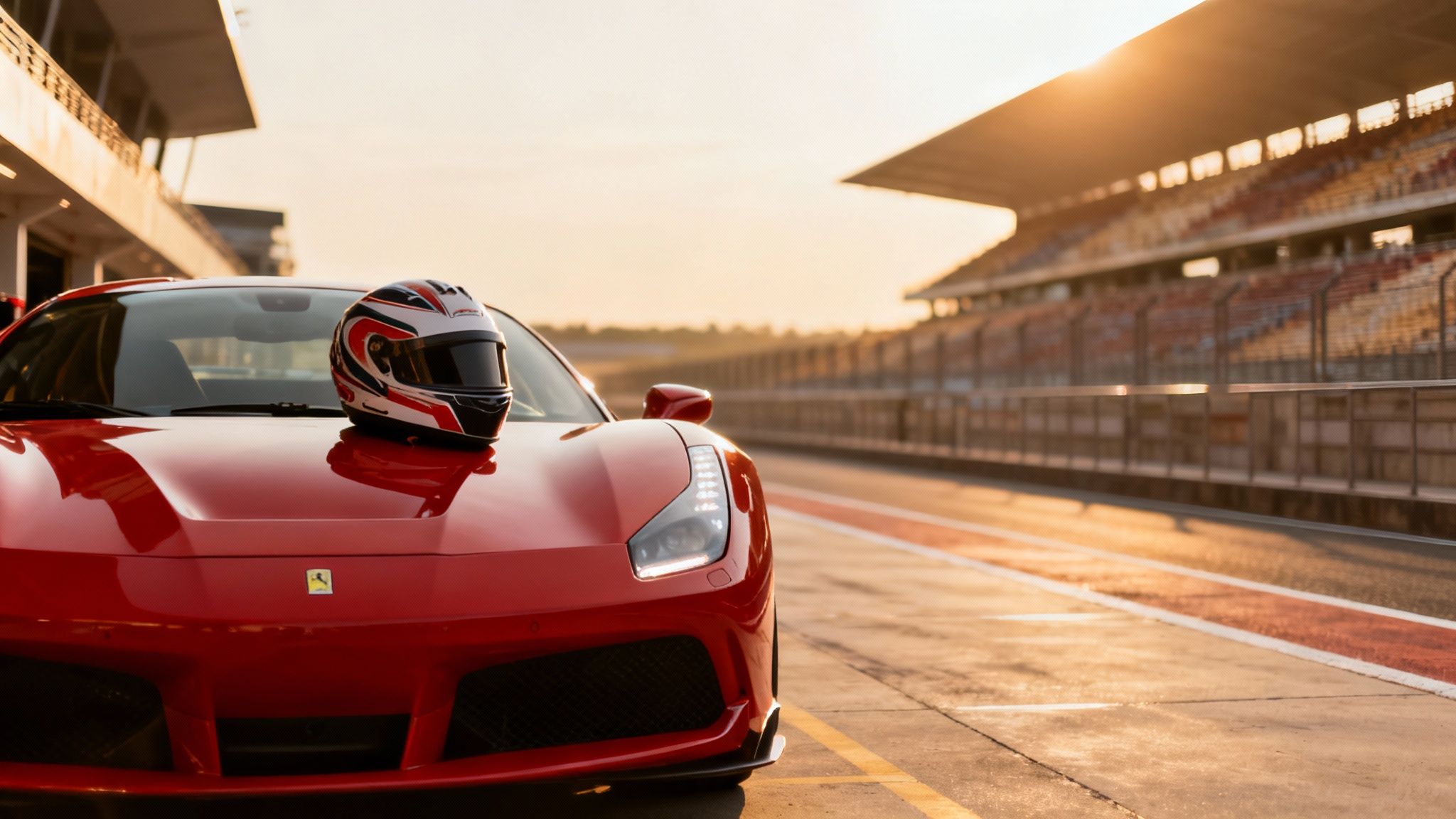 A red Ferrari sports car with a racing helmet on its hood at a racetrack pit lane.