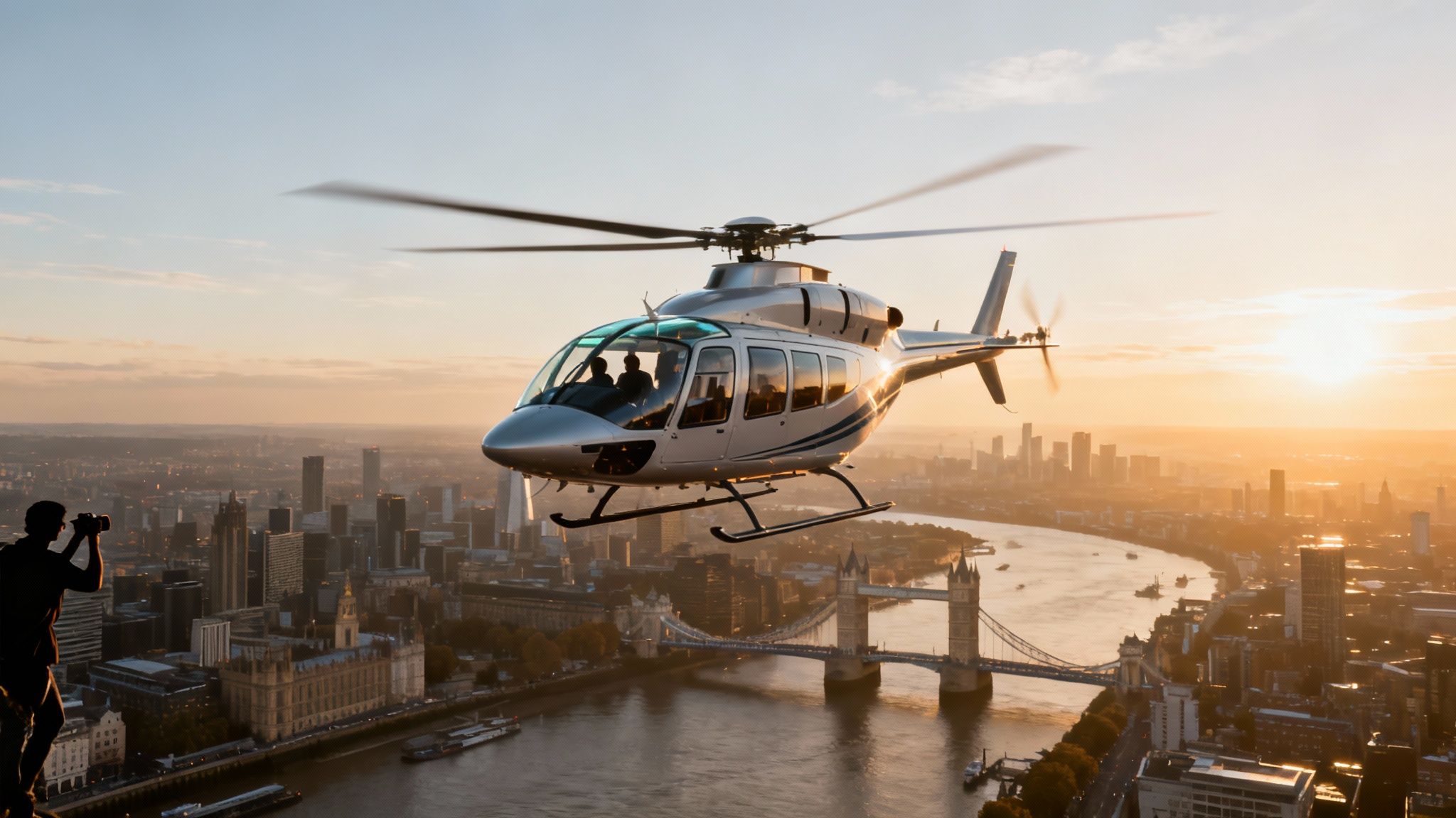 A silver helicopter flying over London skyline and Tower Bridge at a golden sunset, with a photographer in the foreground.