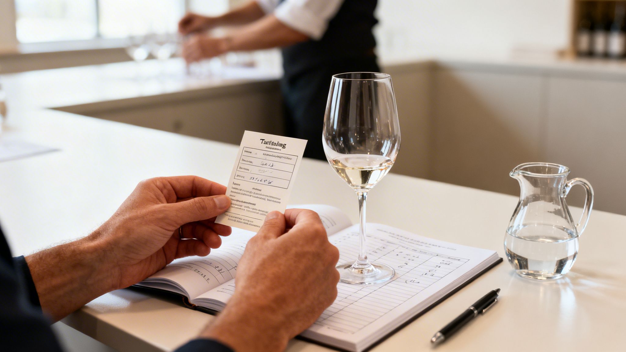 A person holds a wine tasting sheet, with a glass of white wine, notebook, and water on a table.