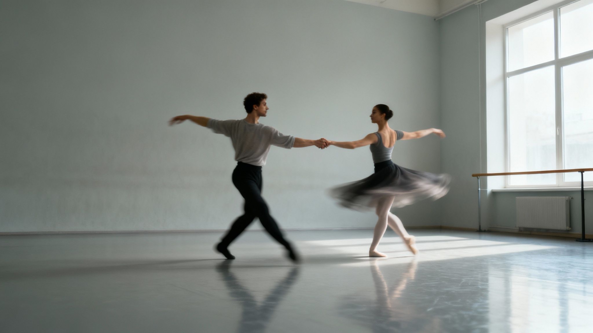 Two ballet dancers, a man and a woman, gracefully perform together in a bright studio, their movements blurred by motion.