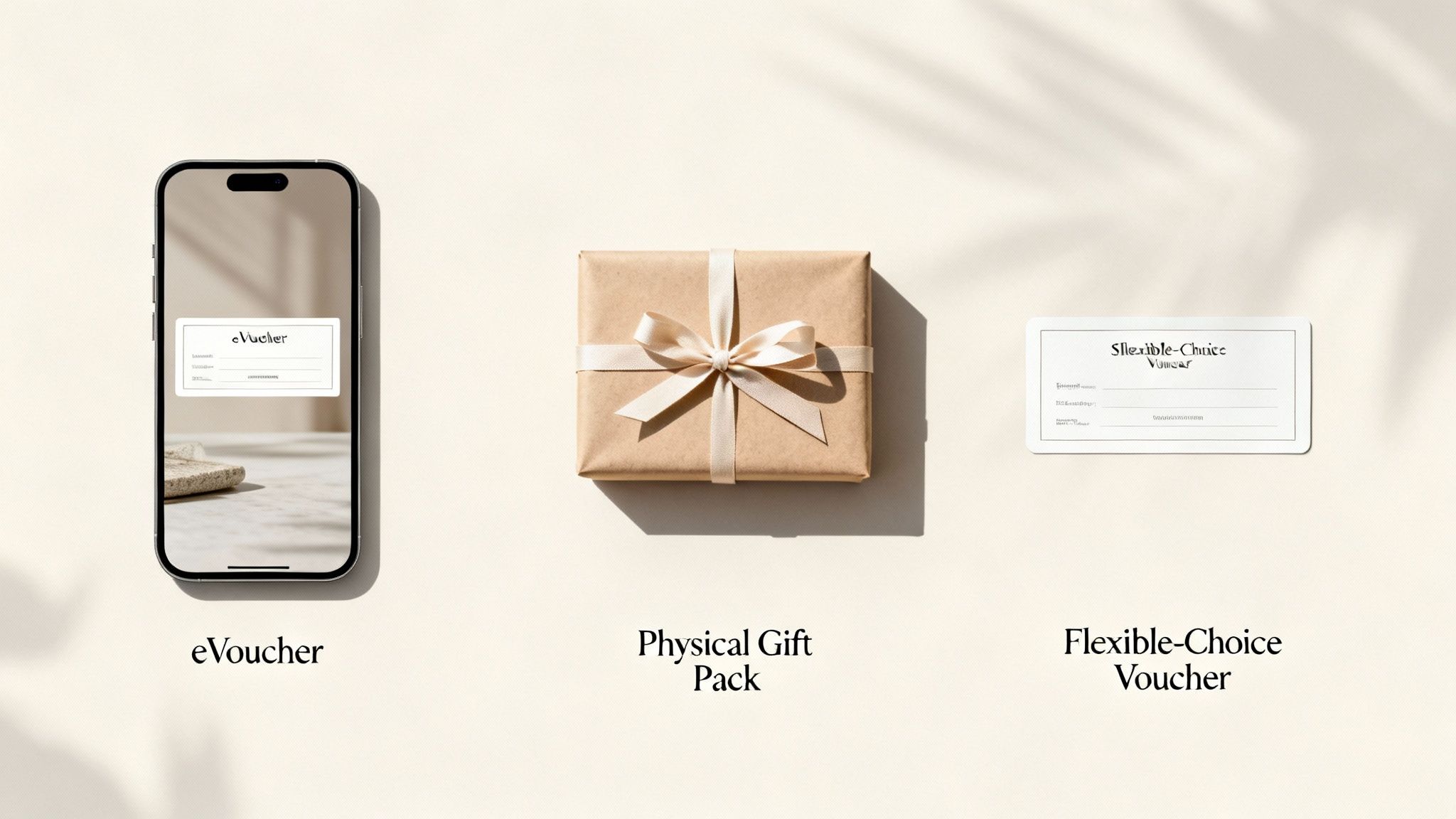 Three gift options displayed: an eVoucher on a smartphone, a physical gift pack, and a flexible-choice voucher.