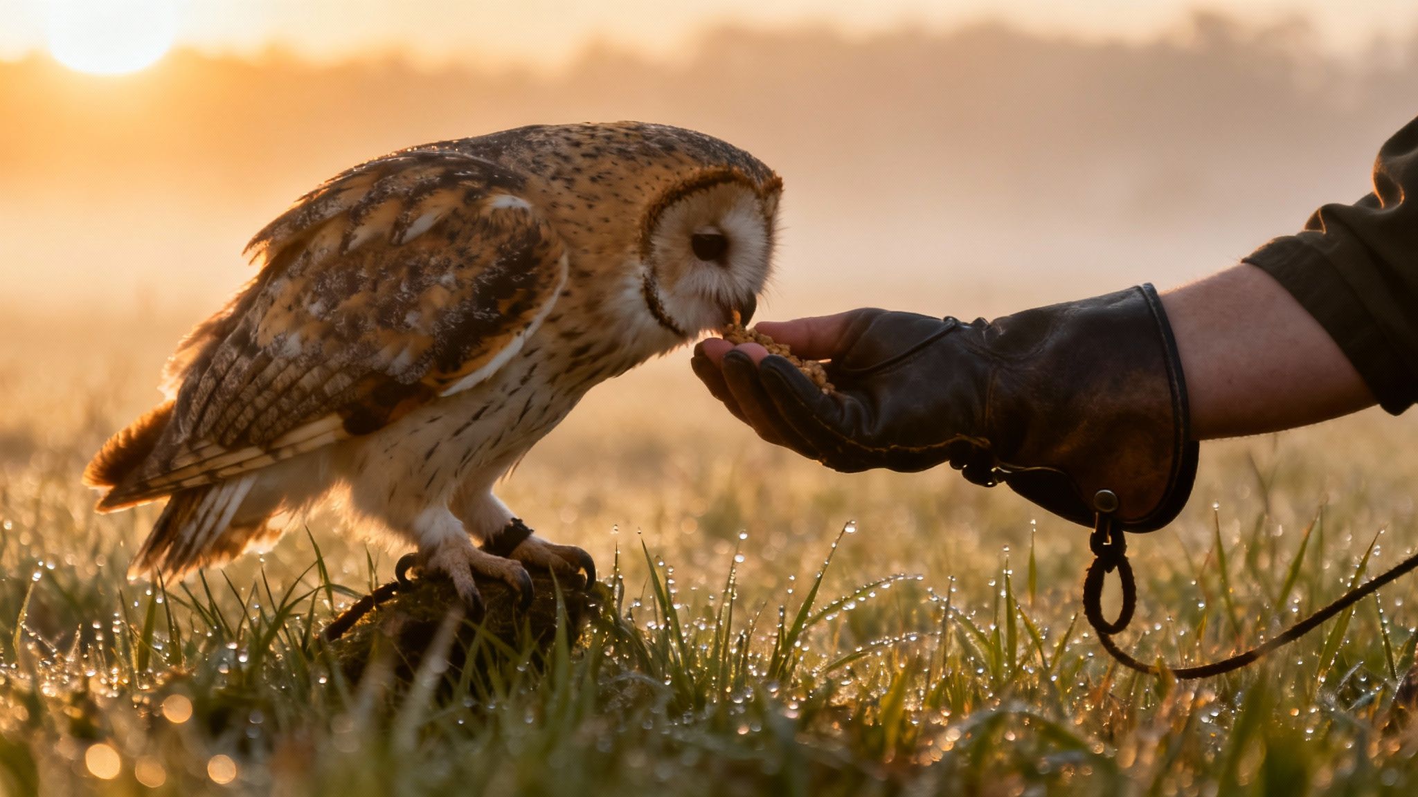 Keeper hand-feeding an owl at dawn