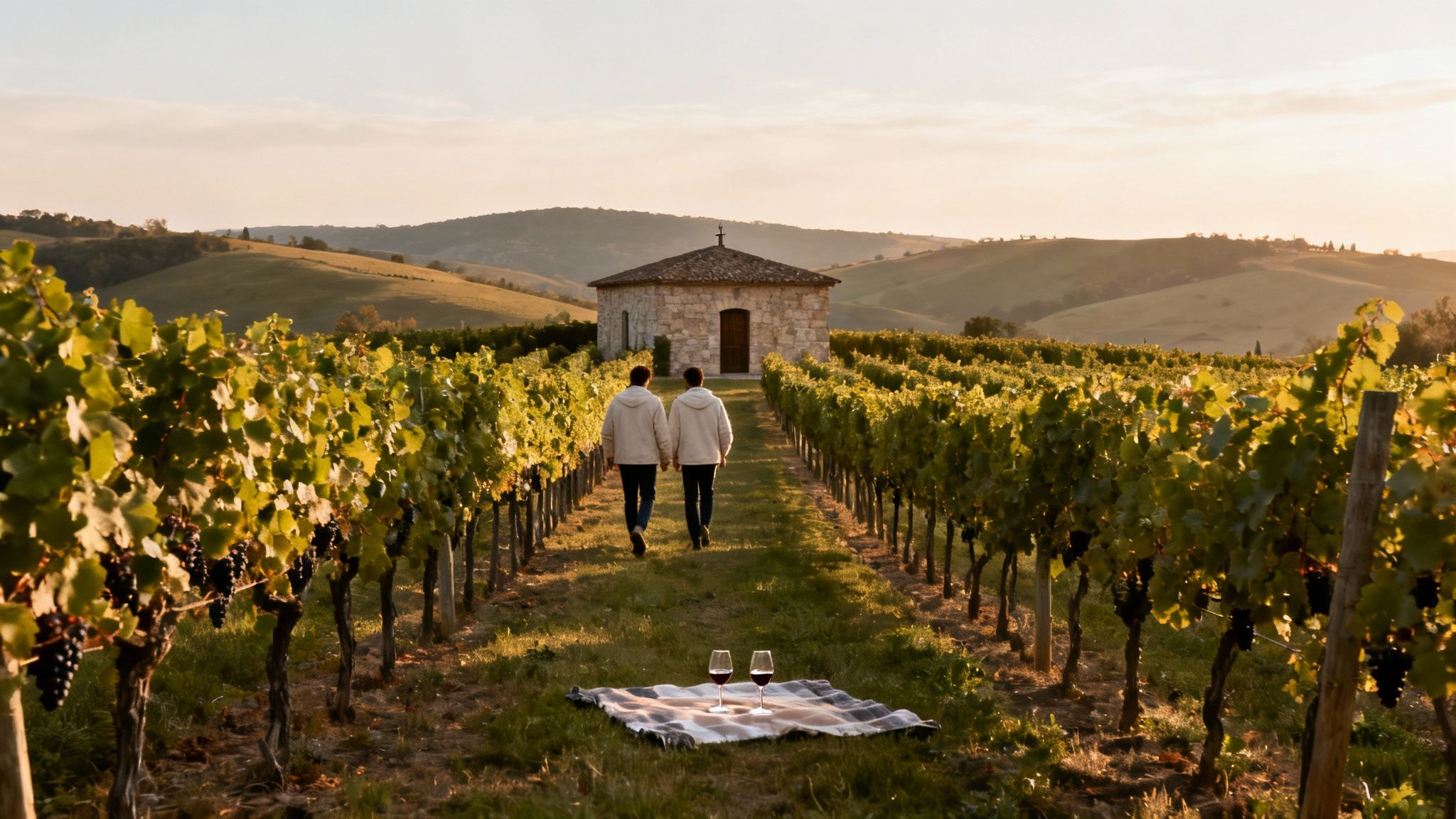 A couple walks hand-in-hand through a vineyard towards a stone building at sunset, with wine glasses on a blanket.