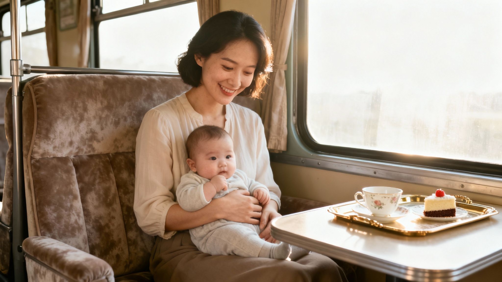 Smiling mother holds her baby on a train, enjoying tea and cake by a sunny window.