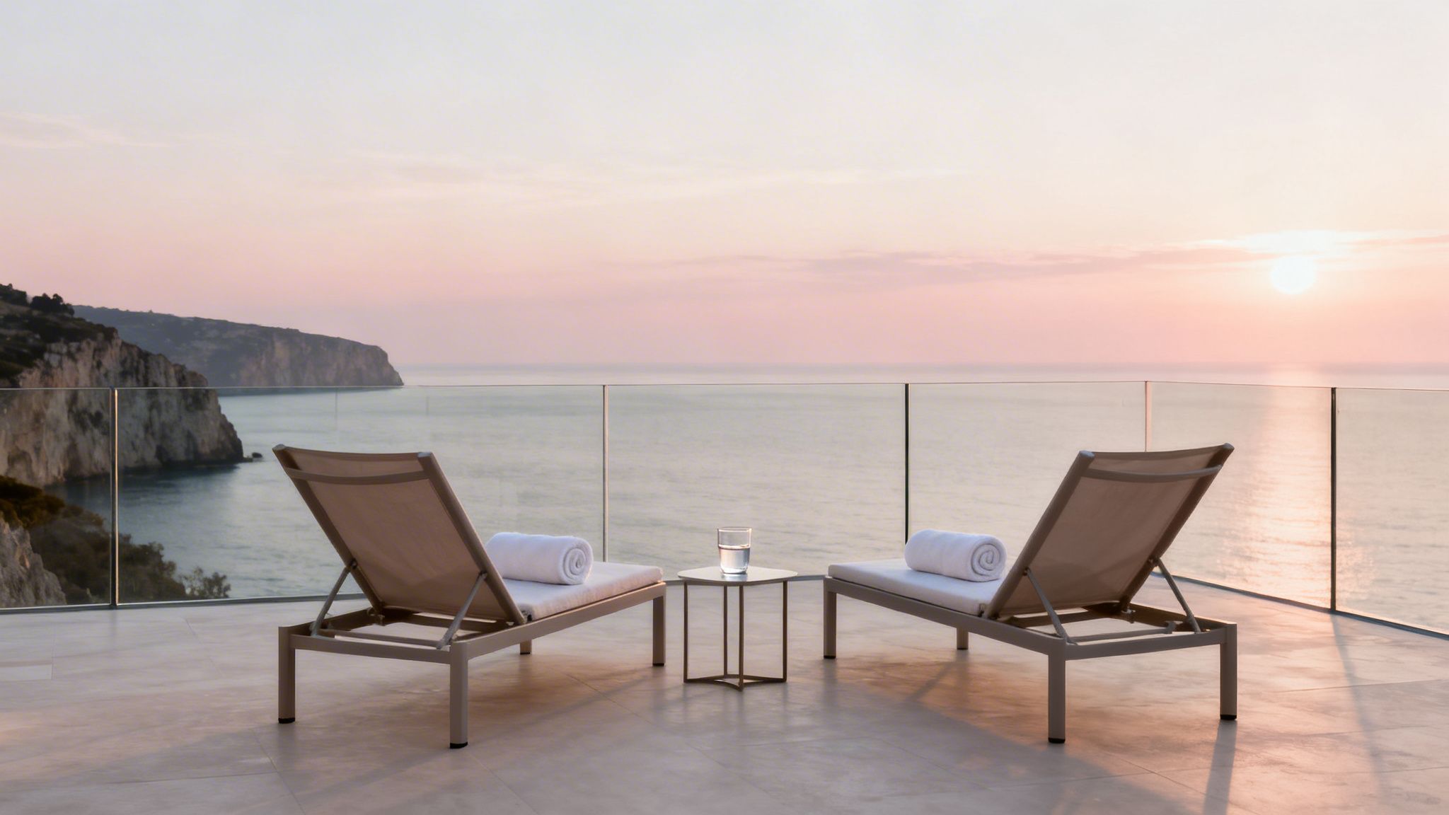Two lounge chairs on a serene patio overlooking a sunset ocean with dramatic cliffs.