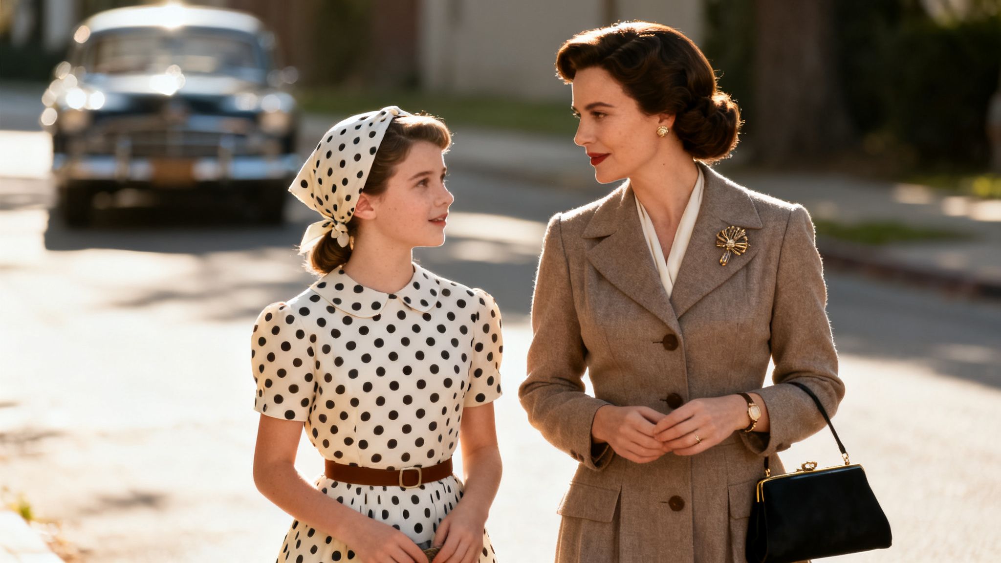 A woman and a young girl in vintage clothing looking at each other on a sunny street.