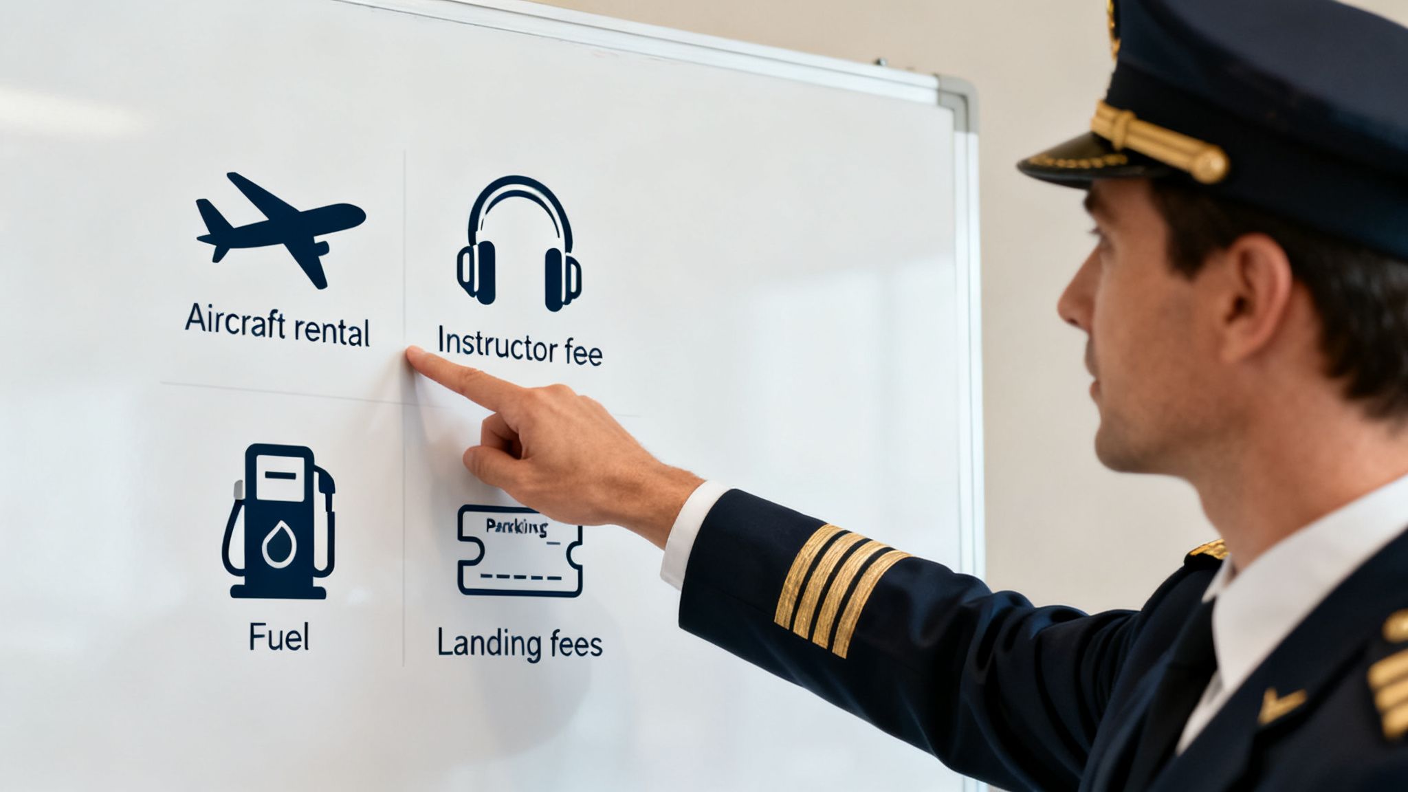 A pilot in uniform points at a whiteboard listing flying lesson costs including aircraft rental, instructor fee, fuel, and landing fees.