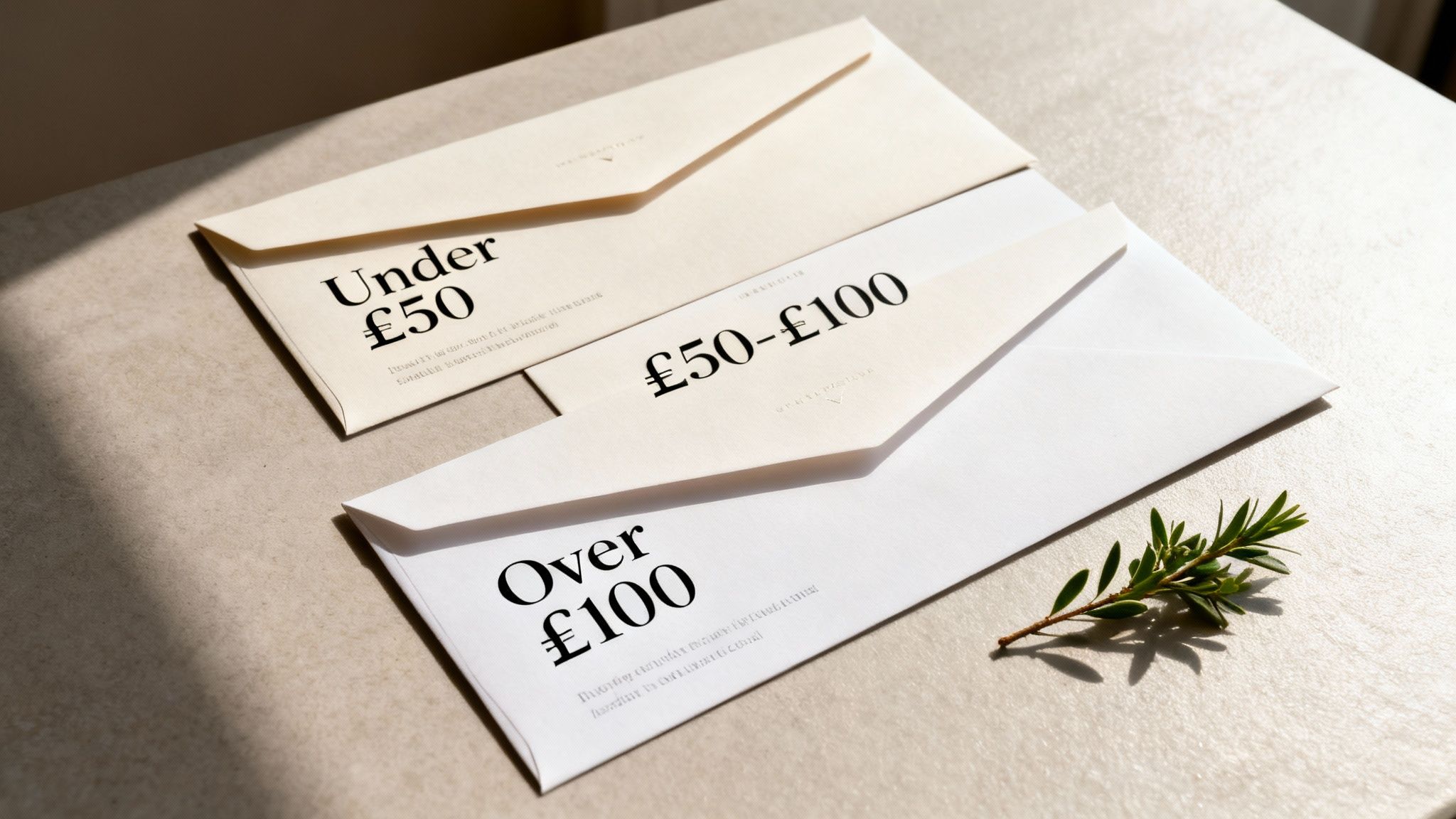 Three elegant gift voucher envelopes displaying different price ranges, with a fresh green sprig.