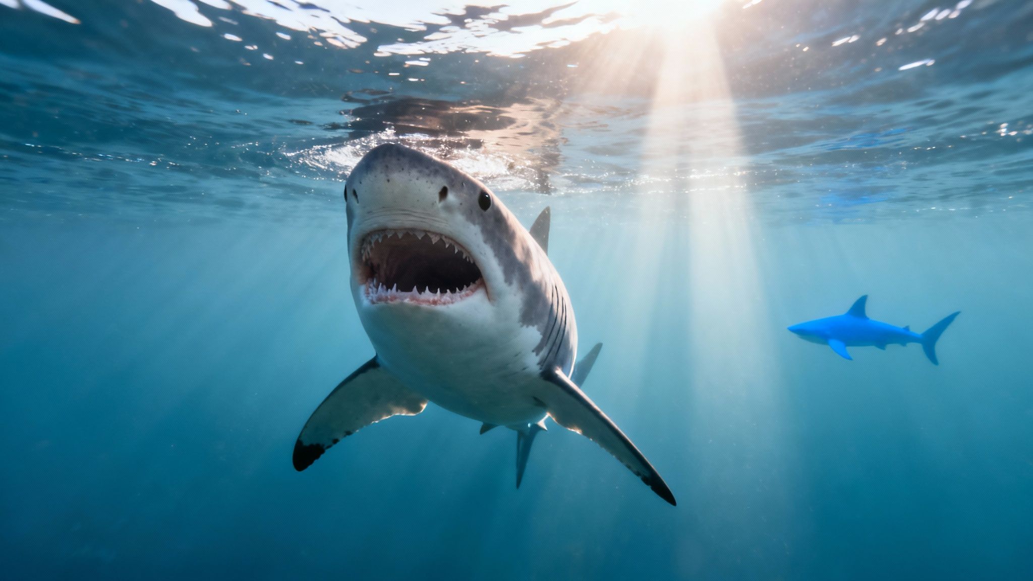An intimidating great white shark with gaping mouth swimming in clear blue ocean water with sunbeams.