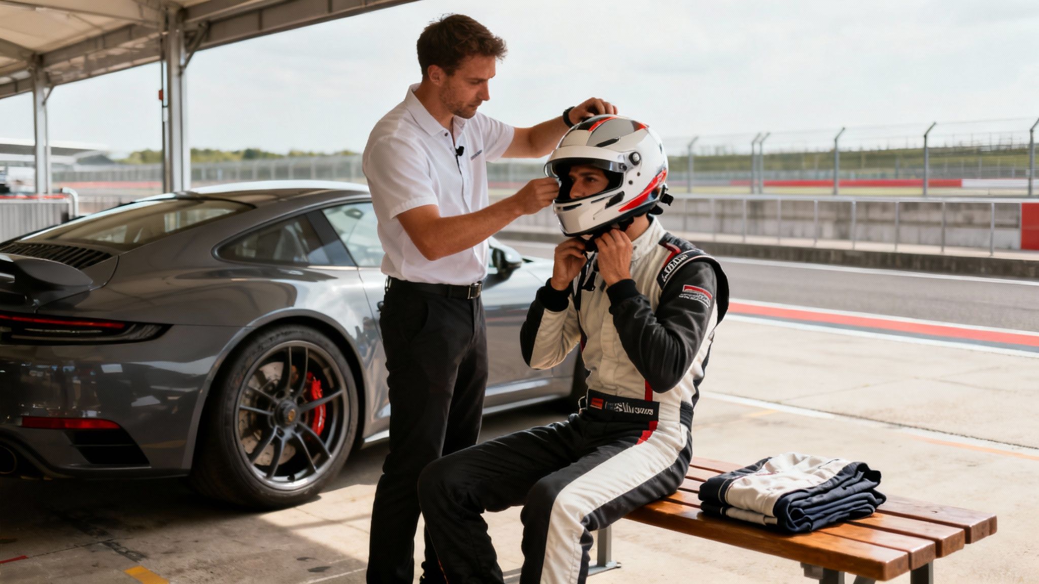 An instructor assists a race car driver with his helmet in a pit garage with a Porsche.