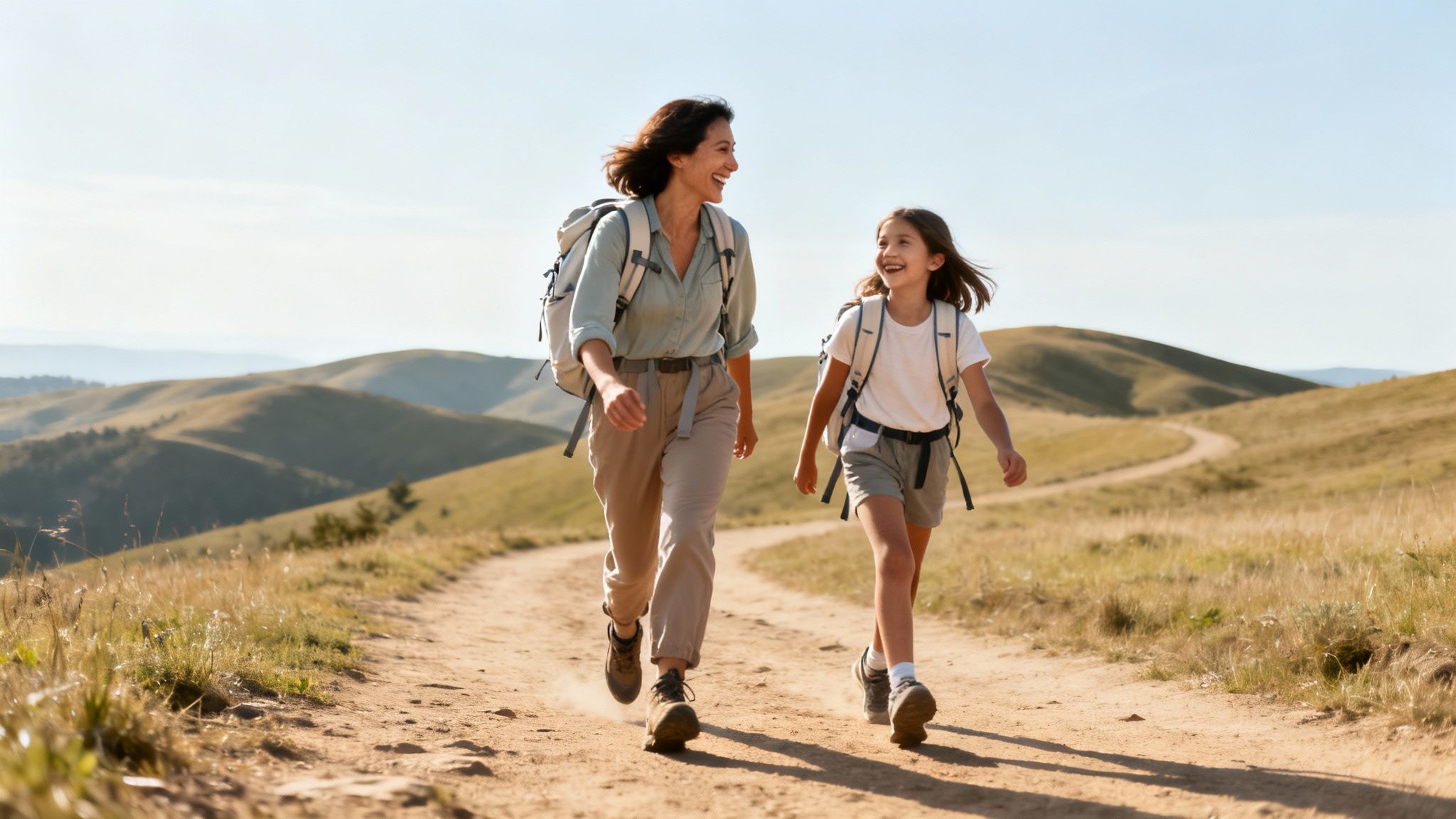 Happy mother and daughter hiking on a sunny day, smiling while walking on a dirt path through grassy hills.