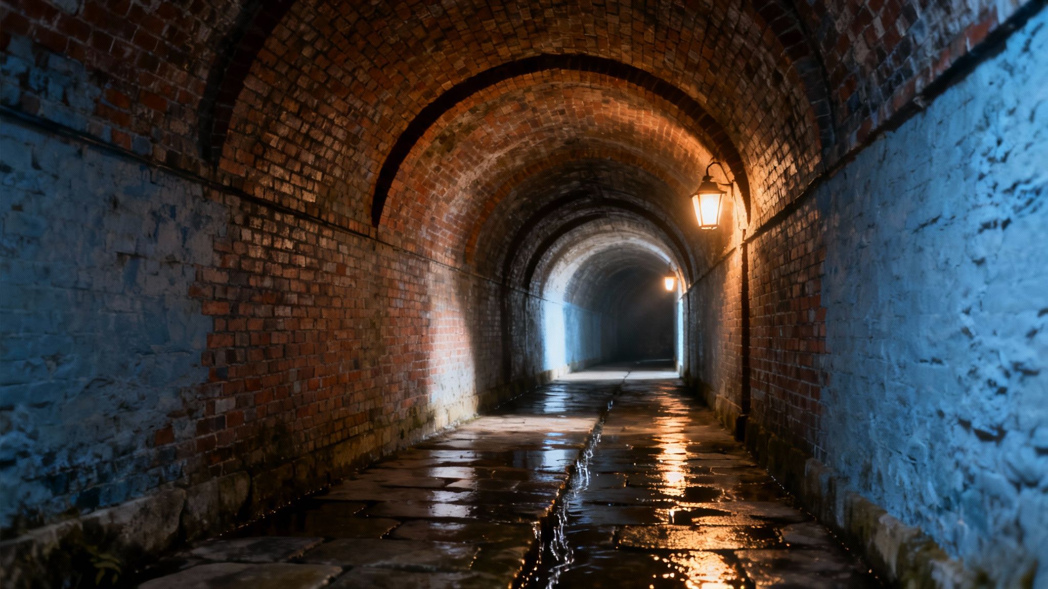 A dimly lit, historic brick tunnel with a wet, reflective path illuminated by warm lanterns.