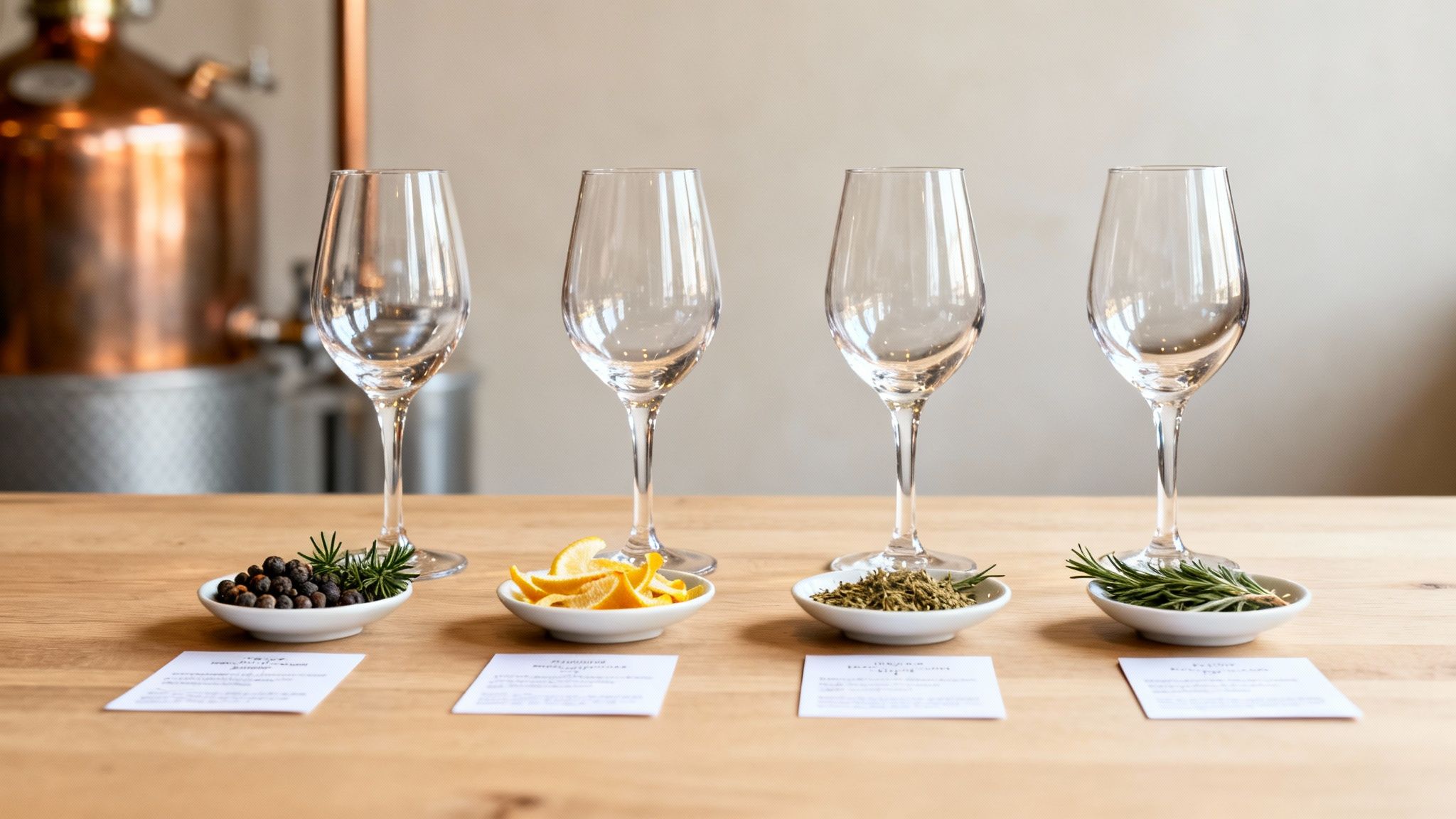Four wine glasses on a wooden table with gin botanicals and descriptive cards for a tasting.