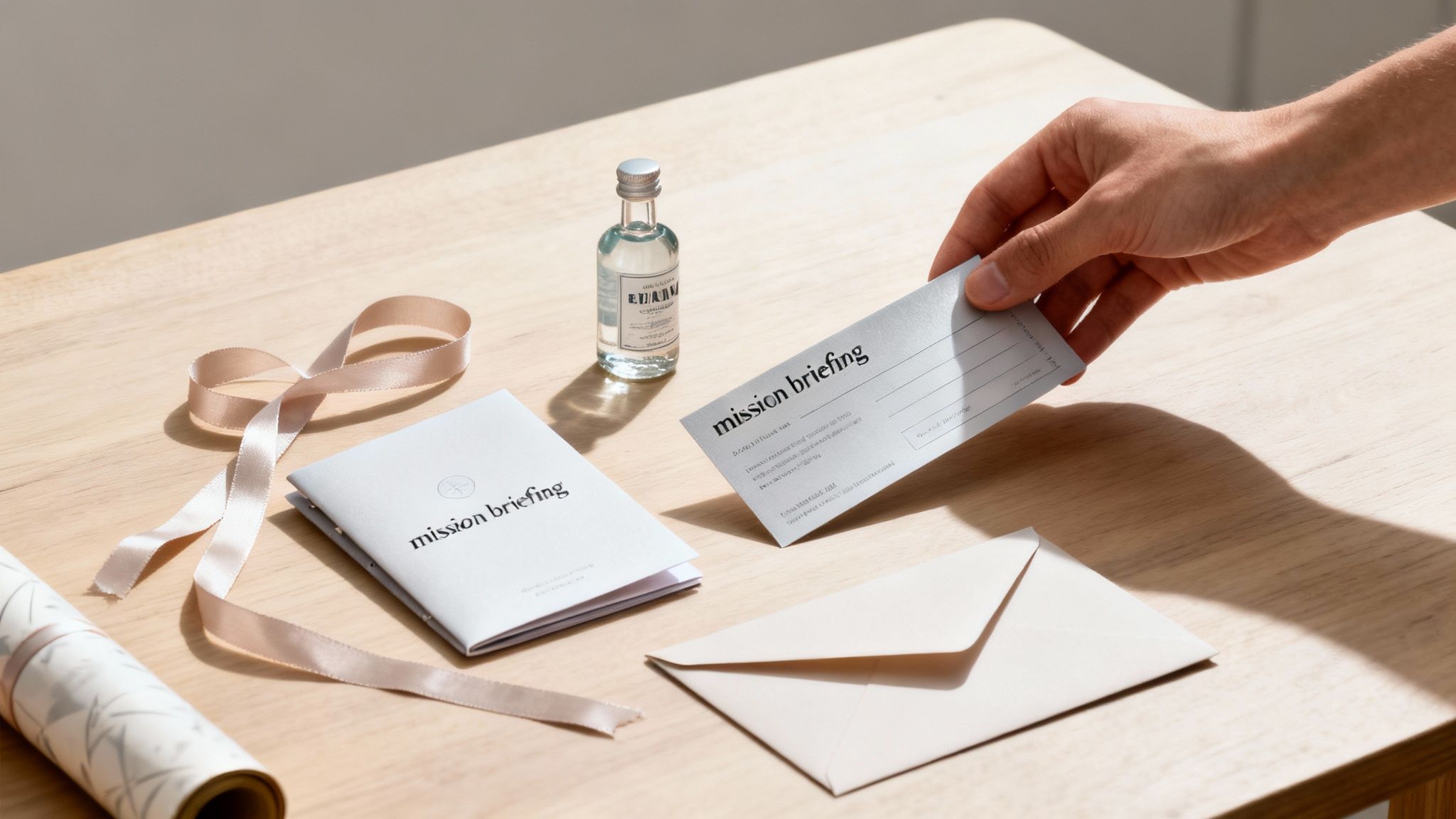 A hand holds a "mission briefing" card, surrounded by elegant gift items on a light wooden table.
