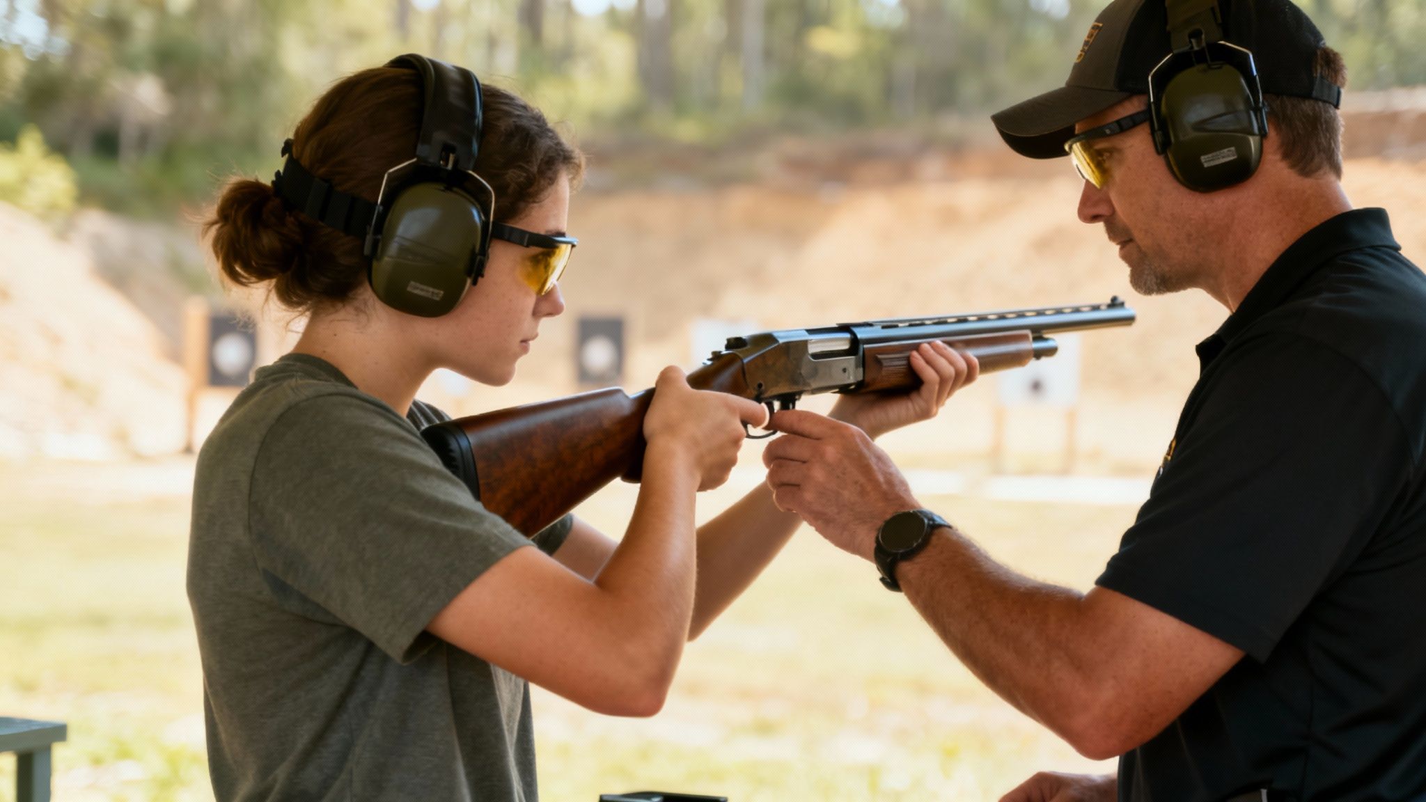 An instructor showing a participant how to safely handle a shotgun.