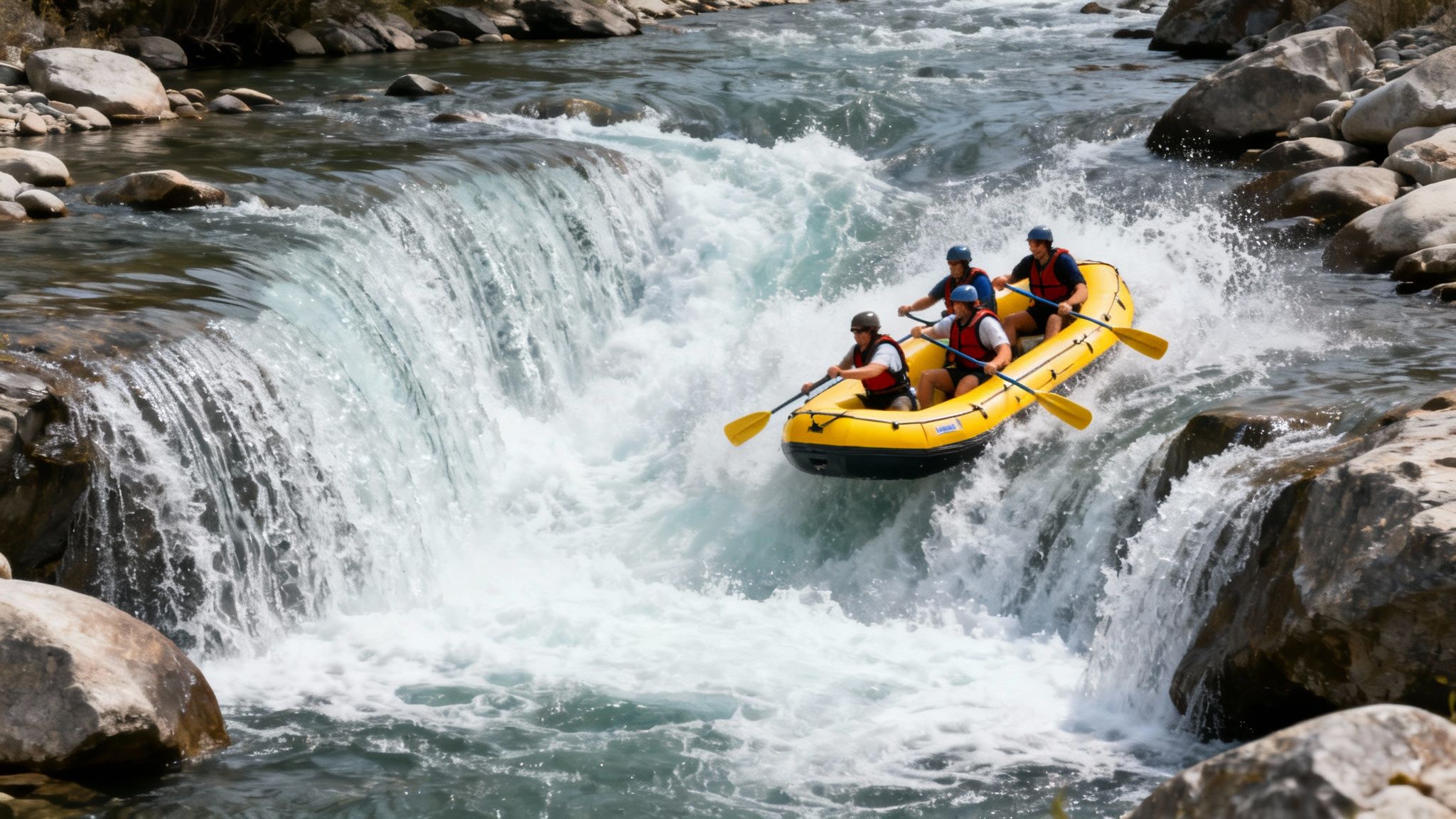 Four people in a yellow raft white-water rafting down a waterfall on a sunny day.