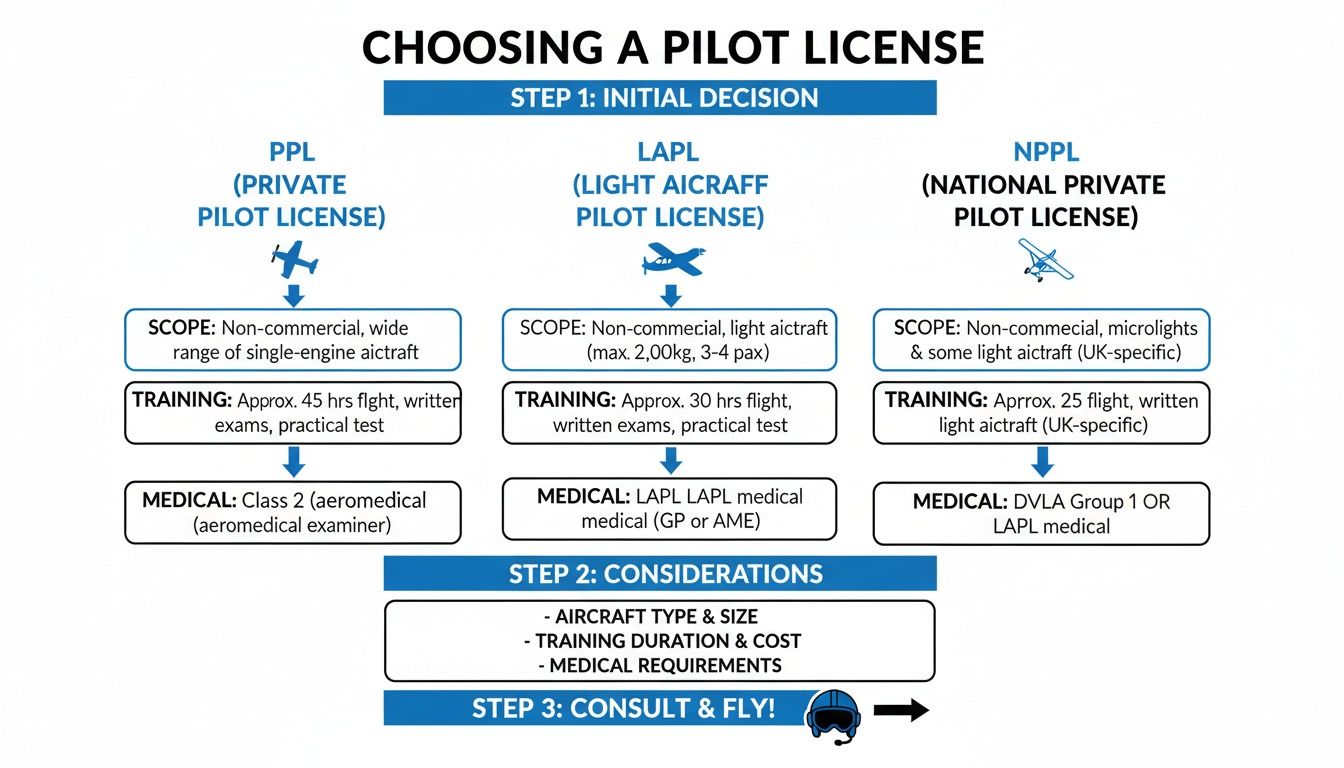 Flowchart detailing steps for choosing a pilot license, comparing PPL, LAPL, and NPPL requirements.