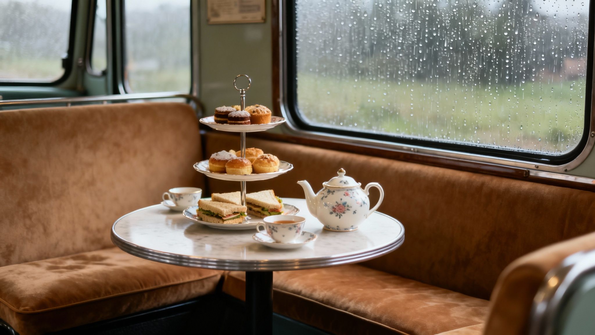 Afternoon tea with sandwiches, scones, and pastries, served on a table inside a vehicle, against a rainy window.