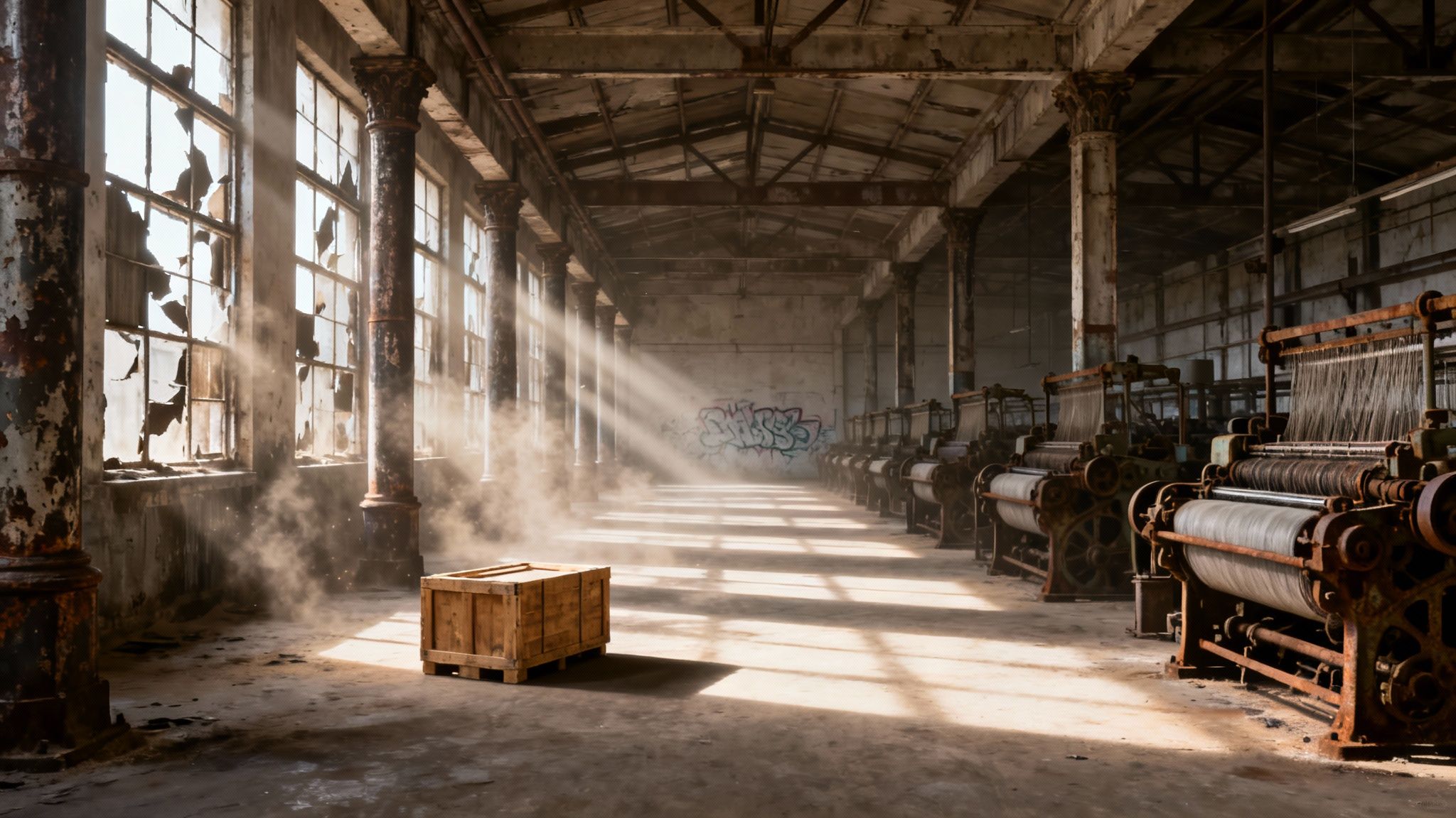 Sunlight streams through broken windows in an abandoned factory, illuminating dust and old textile machinery.