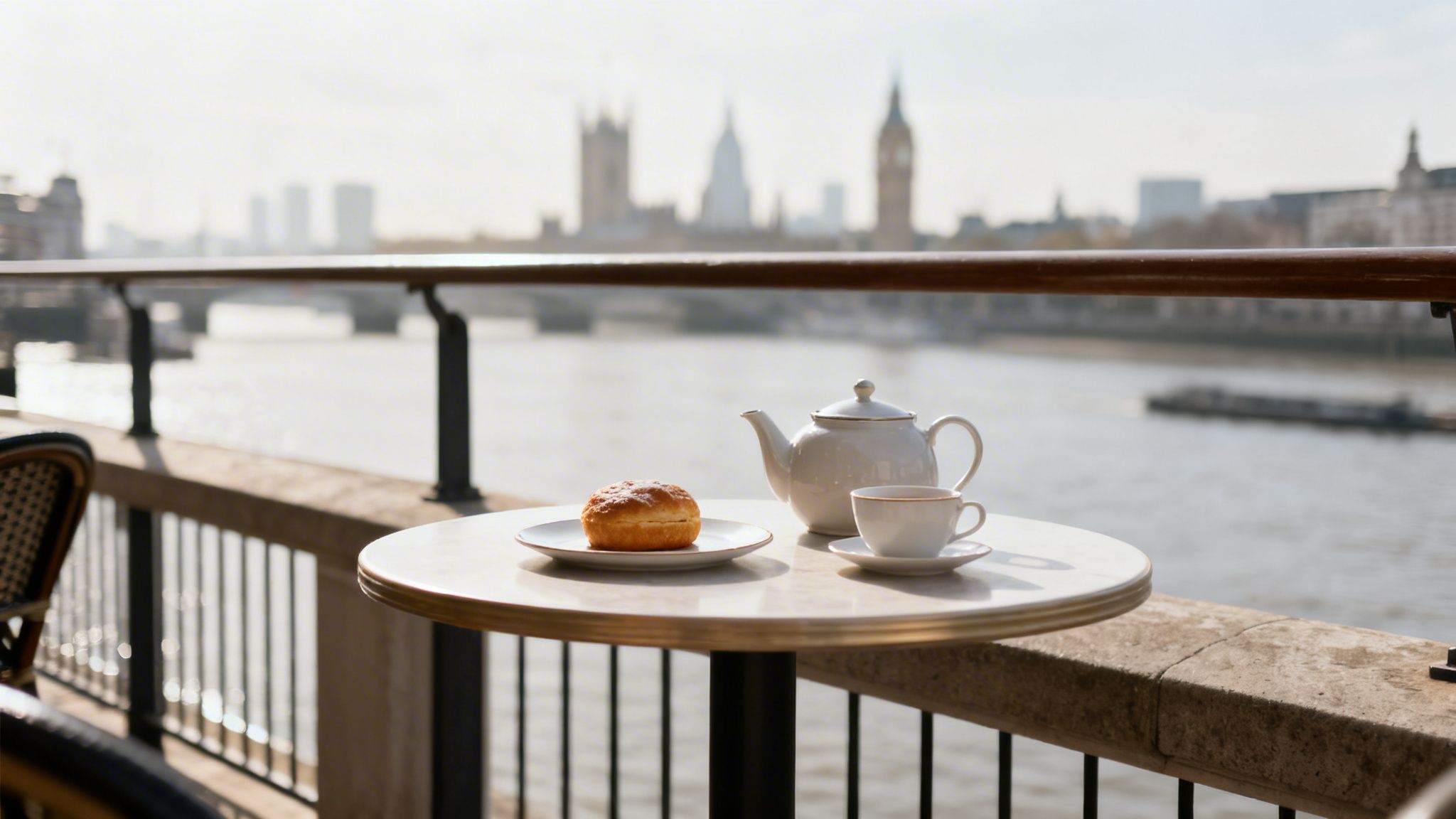 A table with a scone, teapot, and teacup overlooking the River Thames and London skyline.