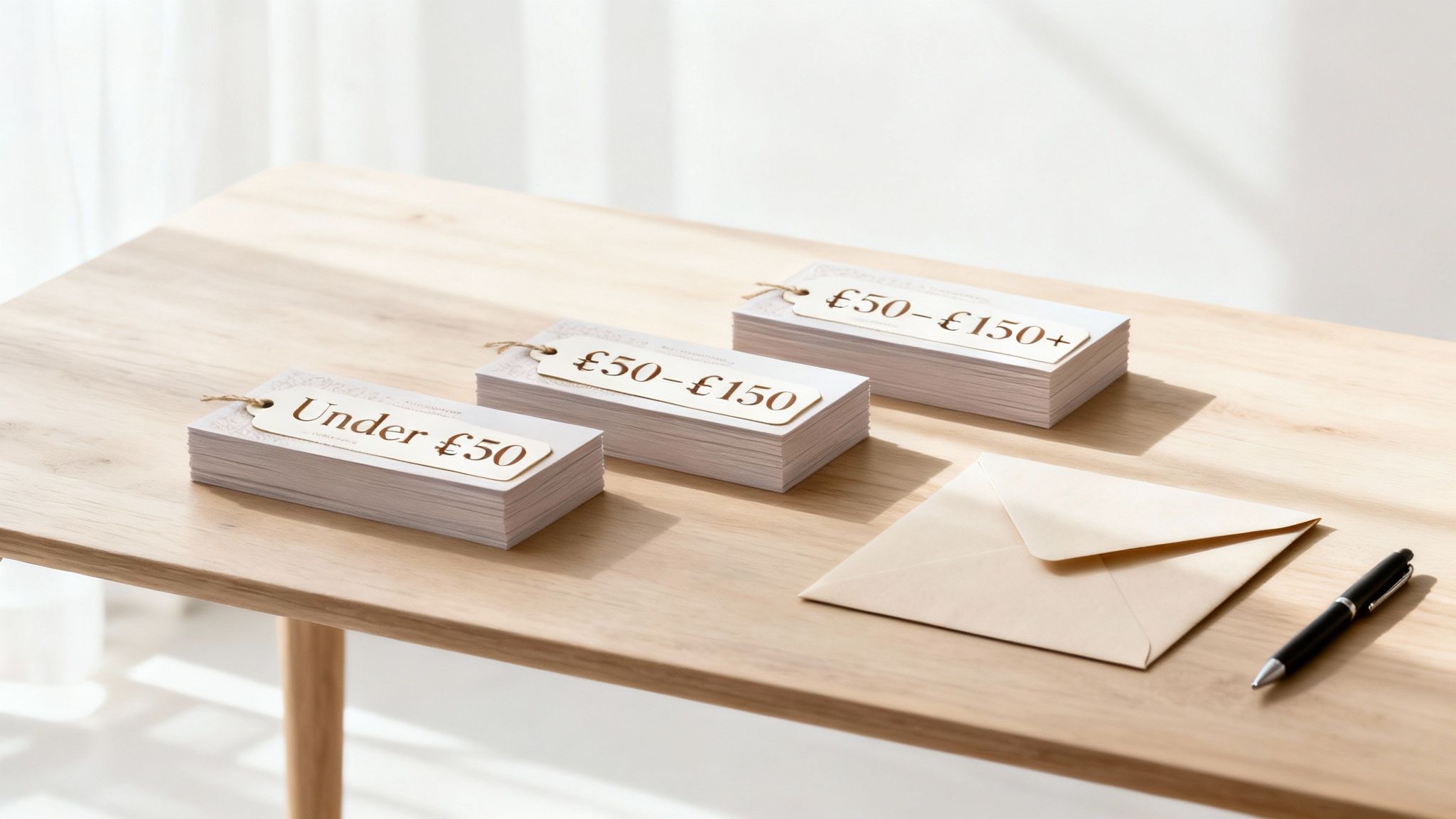 Three stacks of price tags categorizing gifts by price ranges on a wooden table.