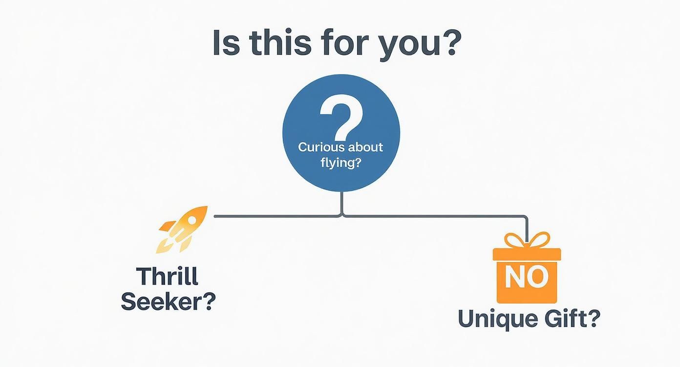 Flowchart asking if a flight experience is for you, considering curiosity, thrill-seeking, or unique gifts.