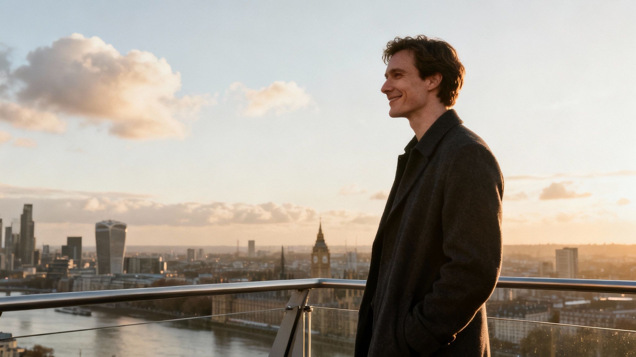 A man smiles, looking at the London skyline with Big Ben at sunset from a rooftop.