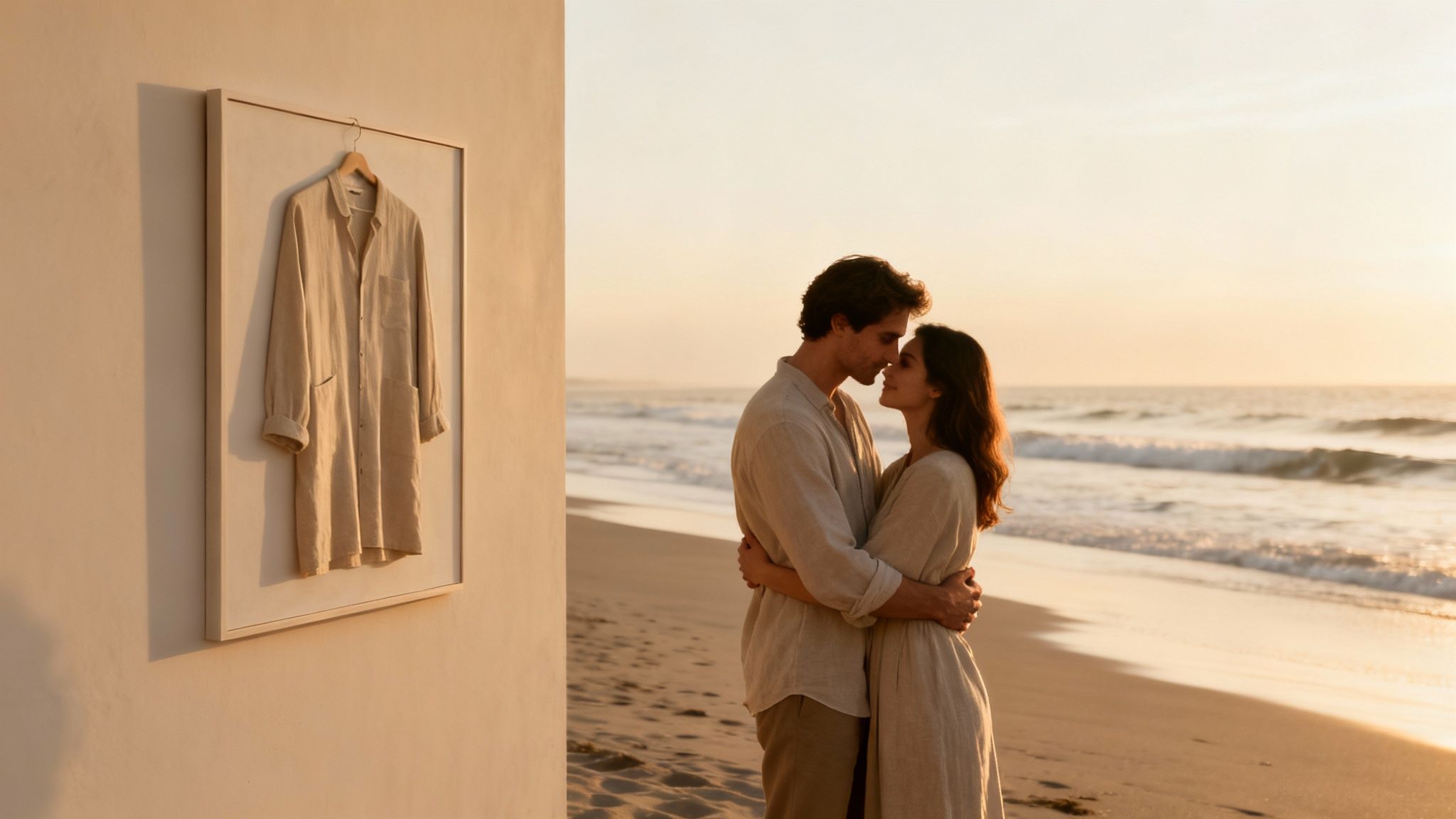 Romantic couple embracing on a sunlit beach with ocean waves, and a framed linen shirt.