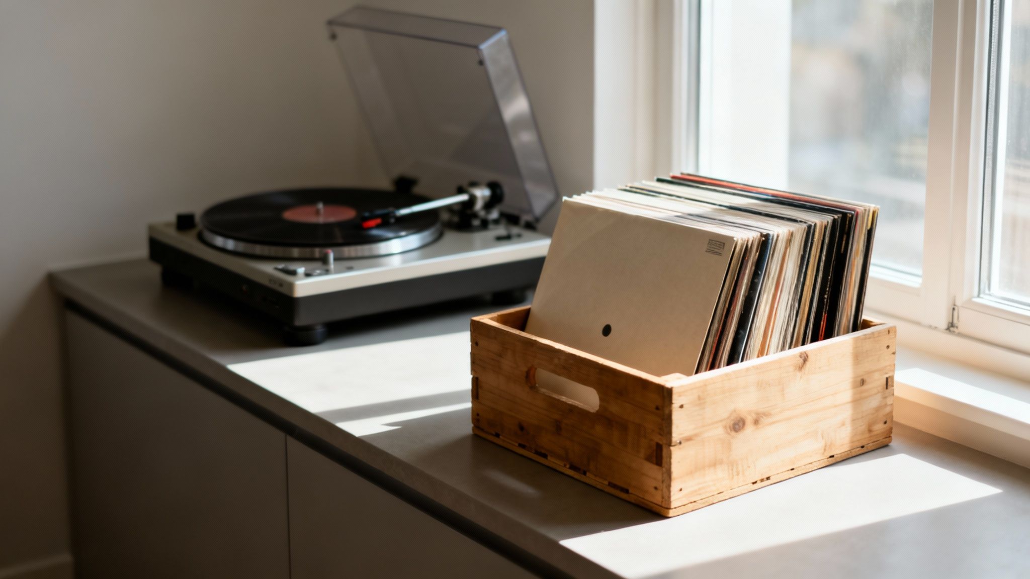 A record player and a wooden crate filled with vinyl records by a sunny window.
