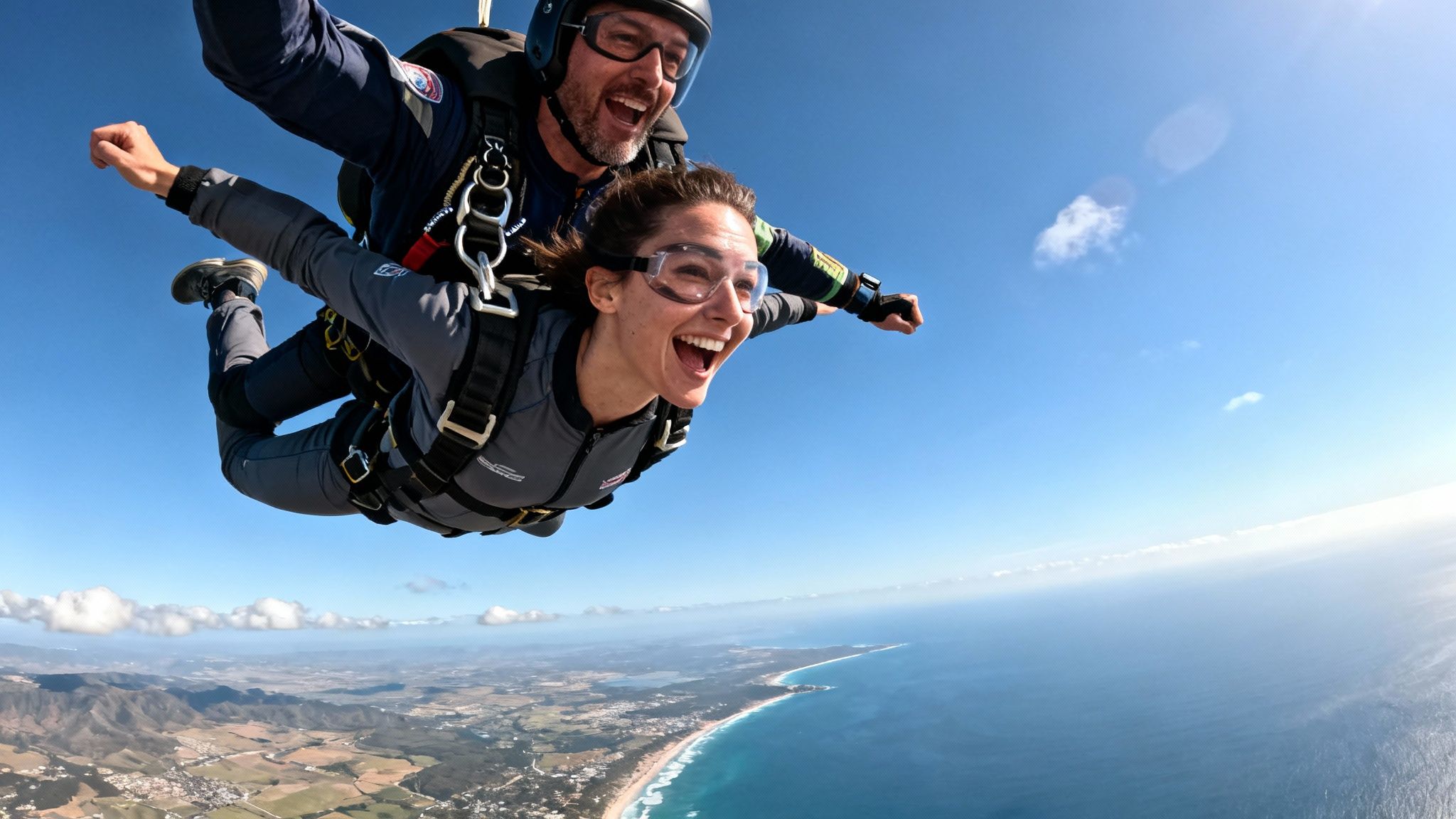 Two excited people smile while tandem skydiving high above a scenic coastline and ocean.