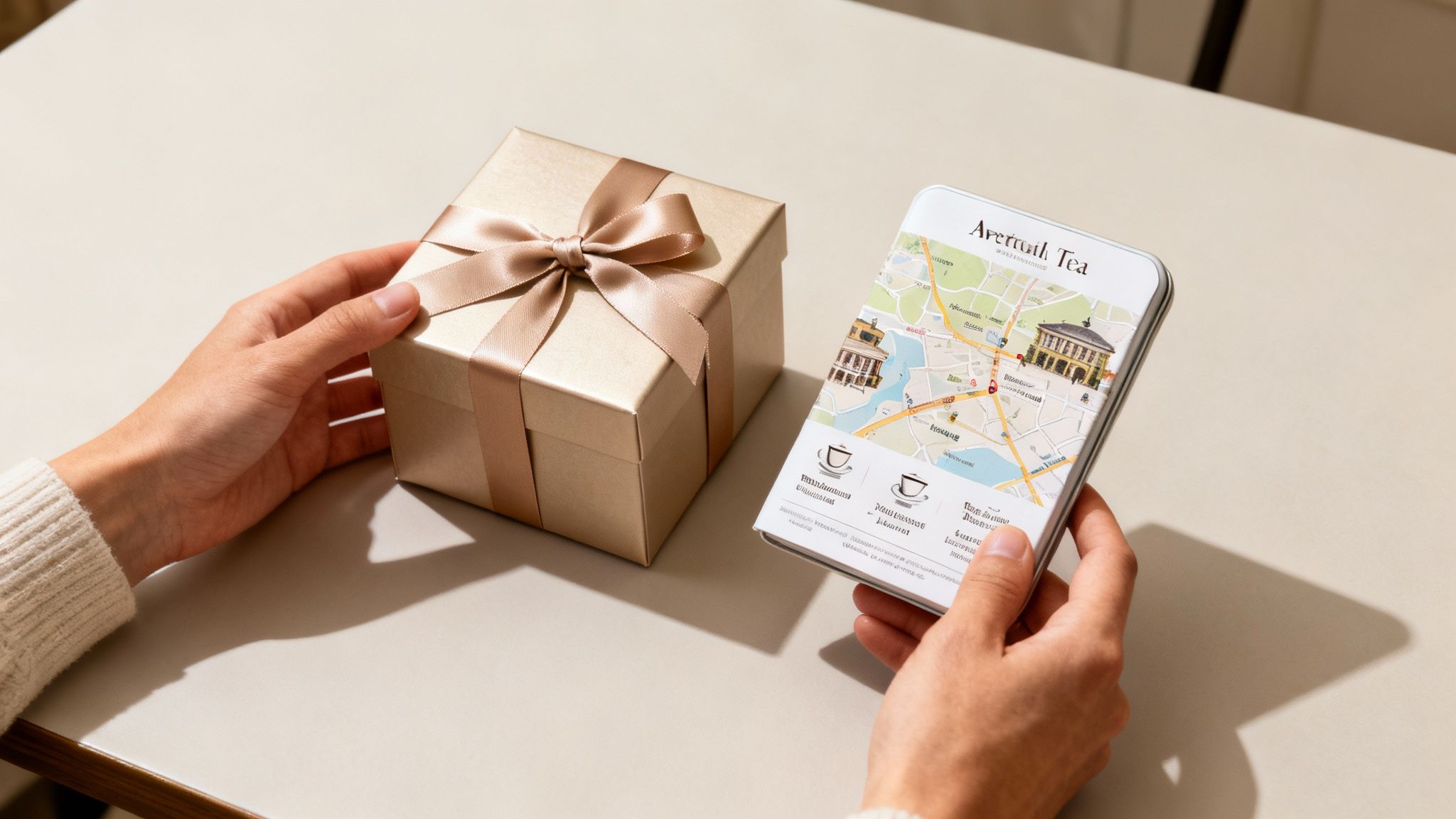 Hands hold a Averill Tea gift tin with a map design, next to a golden ribbon-tied gift box.